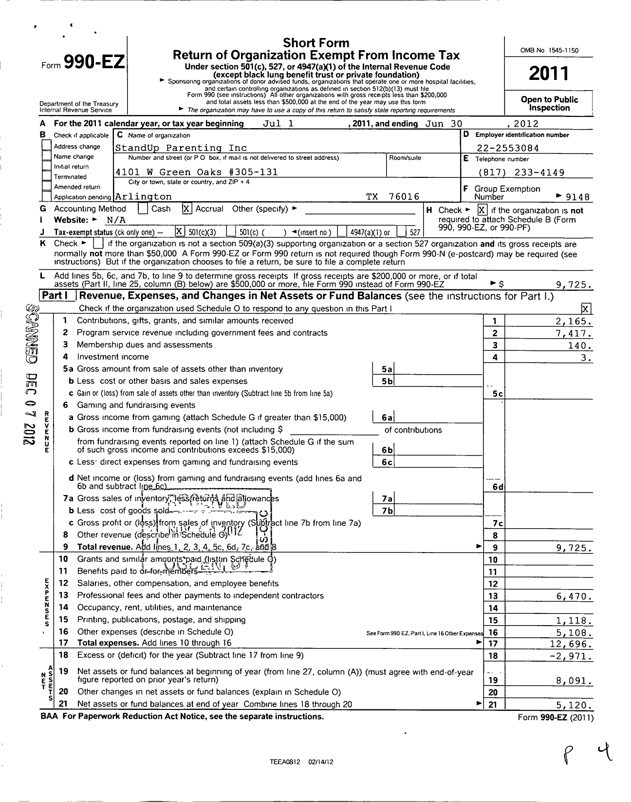 Image of first page of 2011 Form 990EZ for Standup Parenting