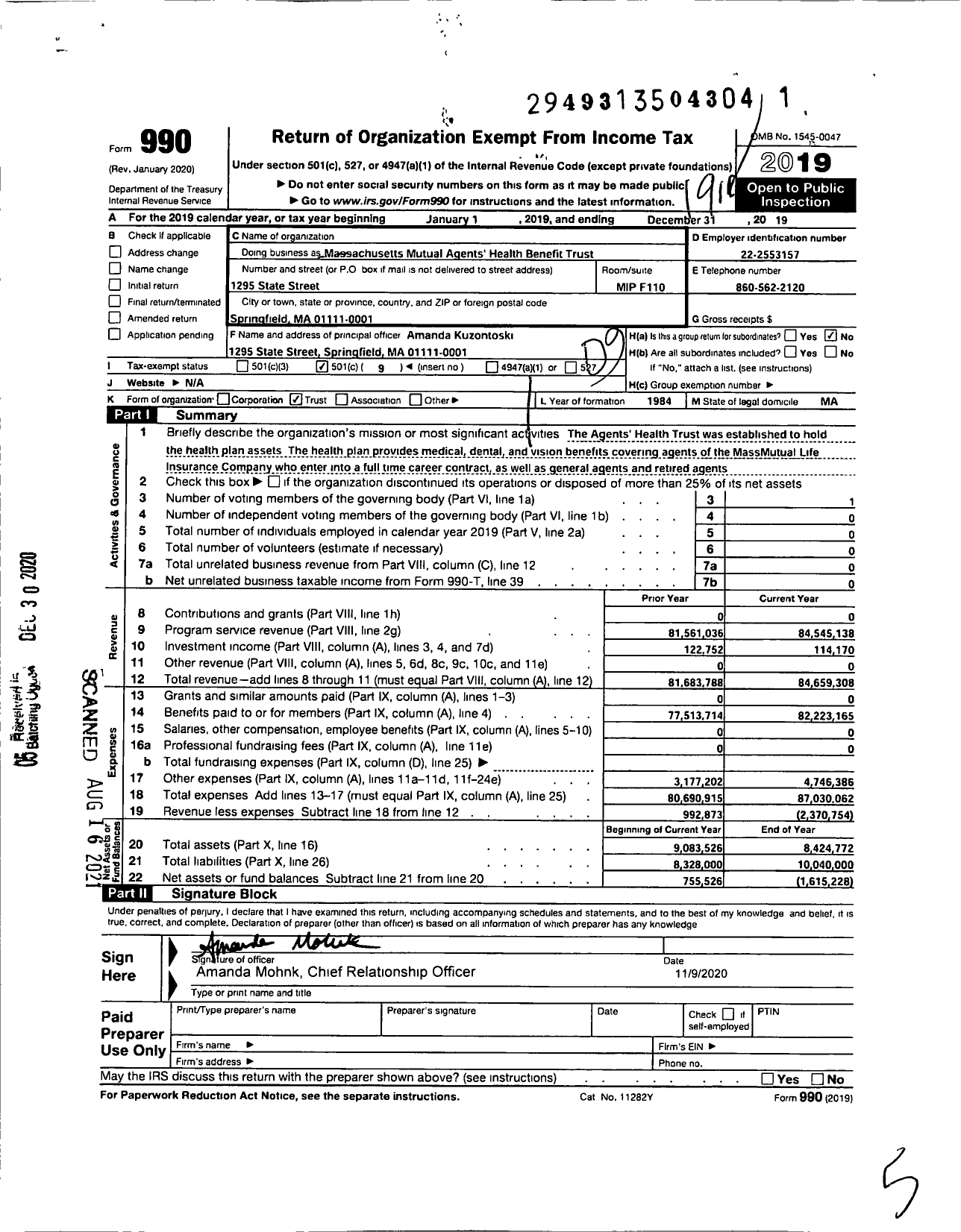 Image of first page of 2019 Form 990O for Massachusetts Mutual Agents Health Benefit Trust