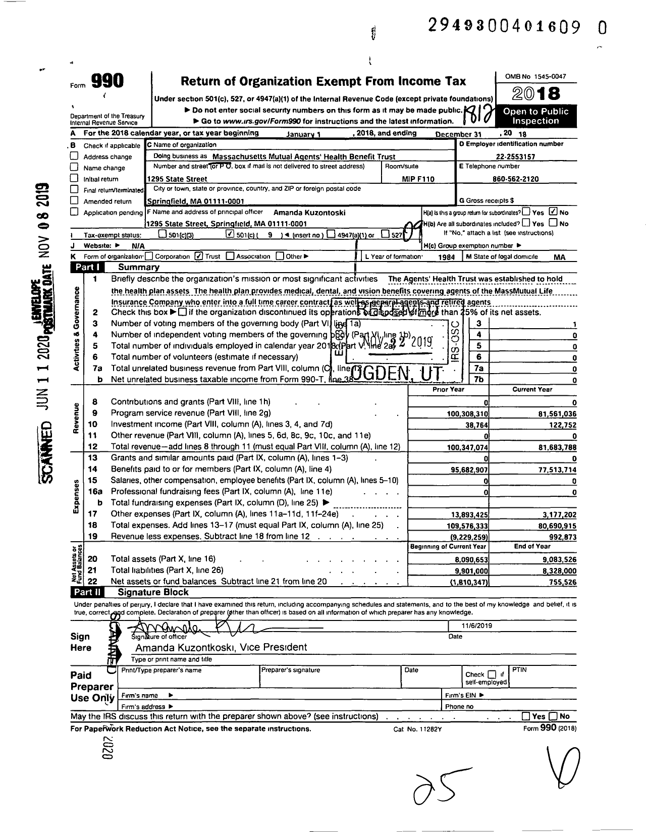 Image of first page of 2018 Form 990O for Massachusetts Mutual Agents Health Benefit Trust