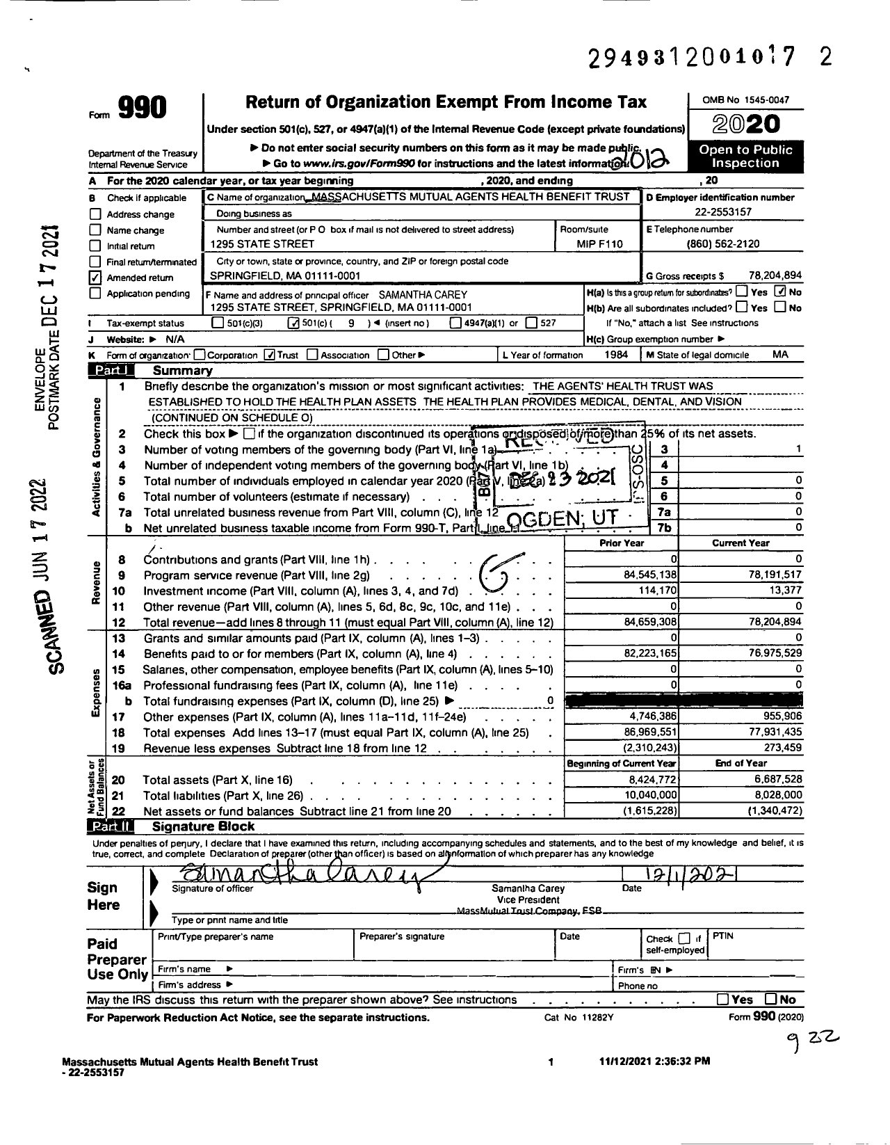 Image of first page of 2020 Form 990O for Massachusetts Mutual Agents Health Benefit Trust