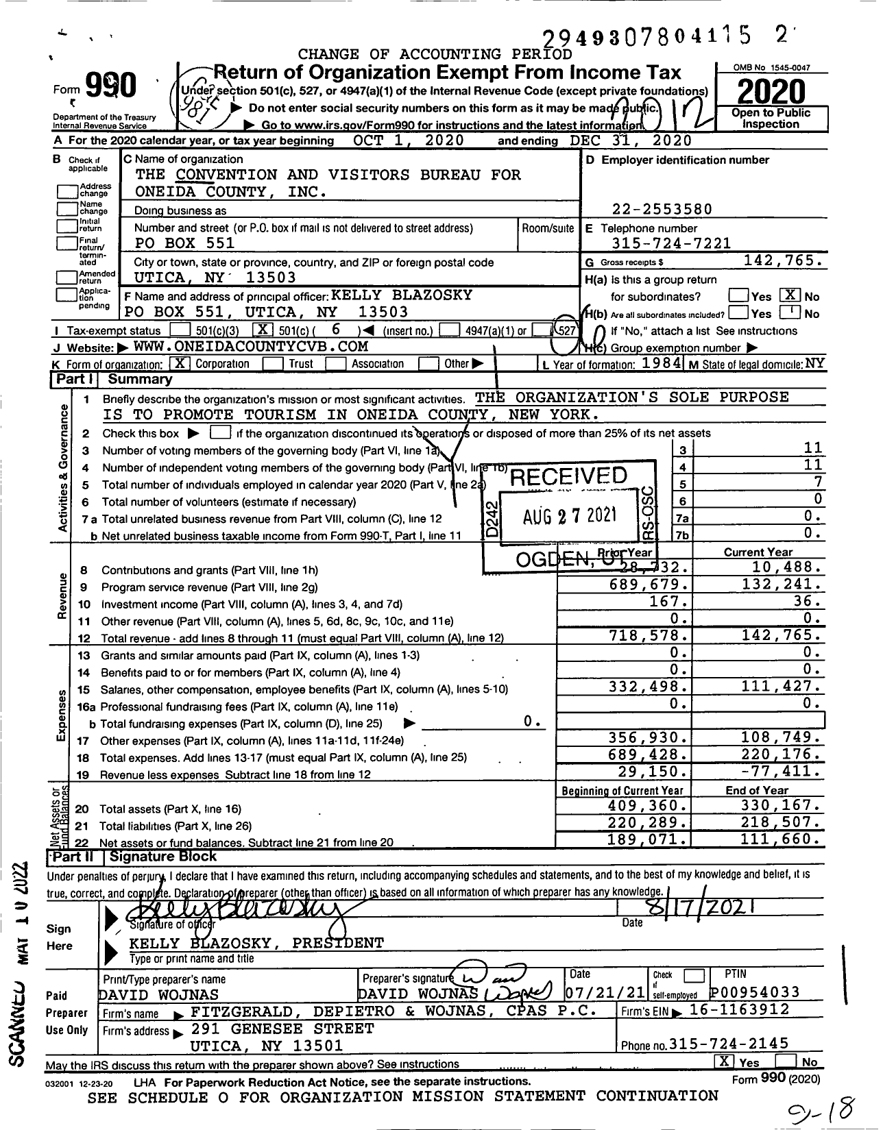 Image of first page of 2020 Form 990O for Oneida County Tourism