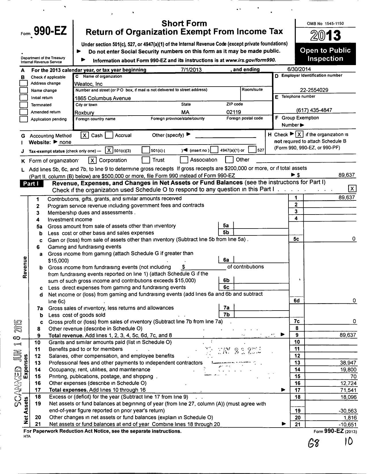 Image of first page of 2013 Form 990EZ for Weatoc