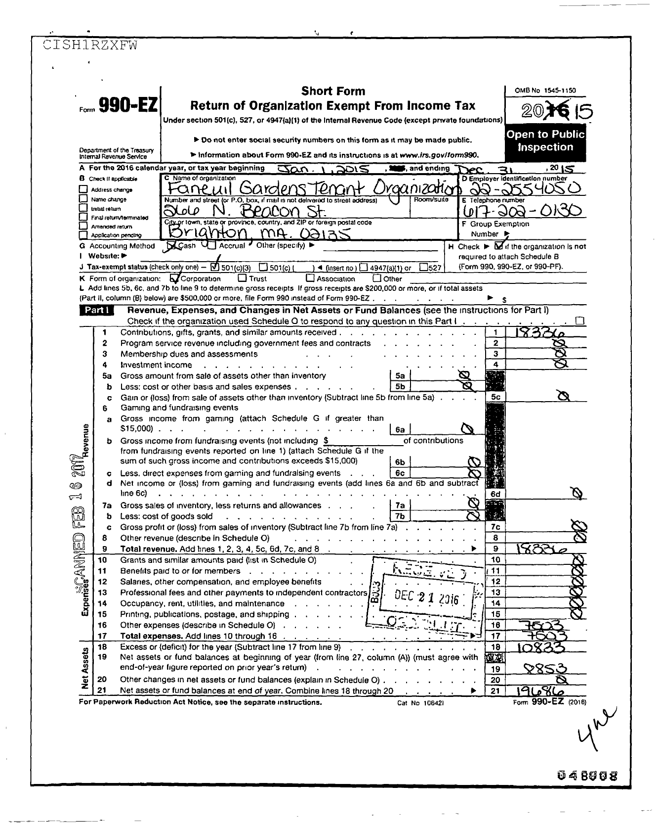 Image of first page of 2015 Form 990EZ for Faneuil Garden Tenant Organization