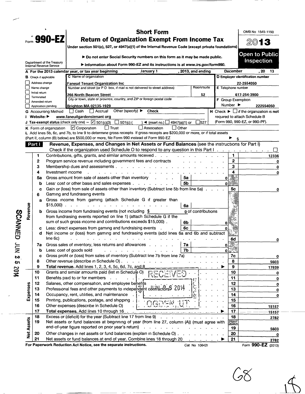 Image of first page of 2013 Form 990EZ for Faneuil Garden Tenant Organization