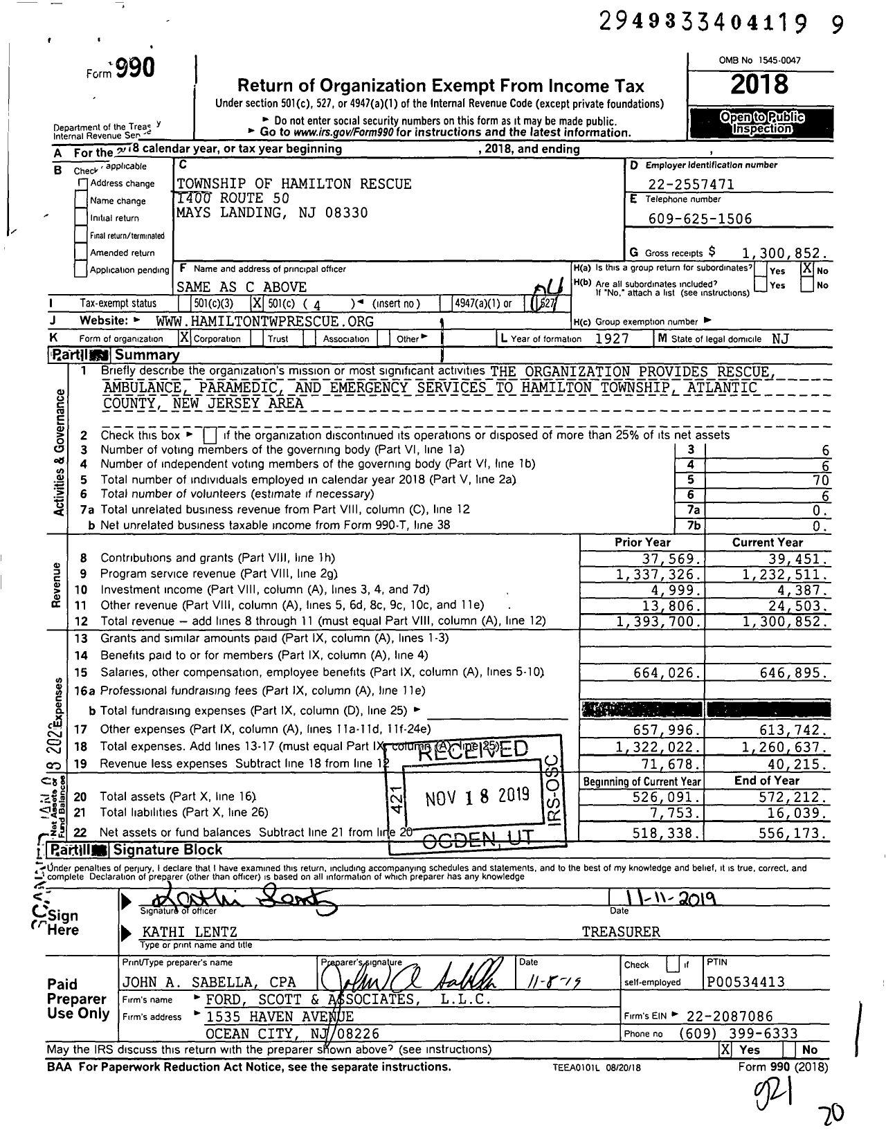 Image of first page of 2018 Form 990O for Township of Hamilton Rescue