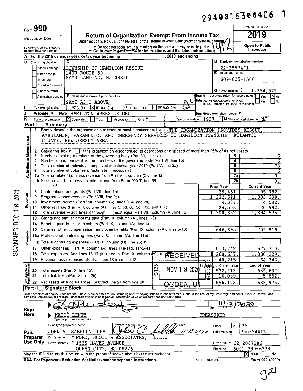 Image of first page of 2019 Form 990O for Township of Hamilton Rescue