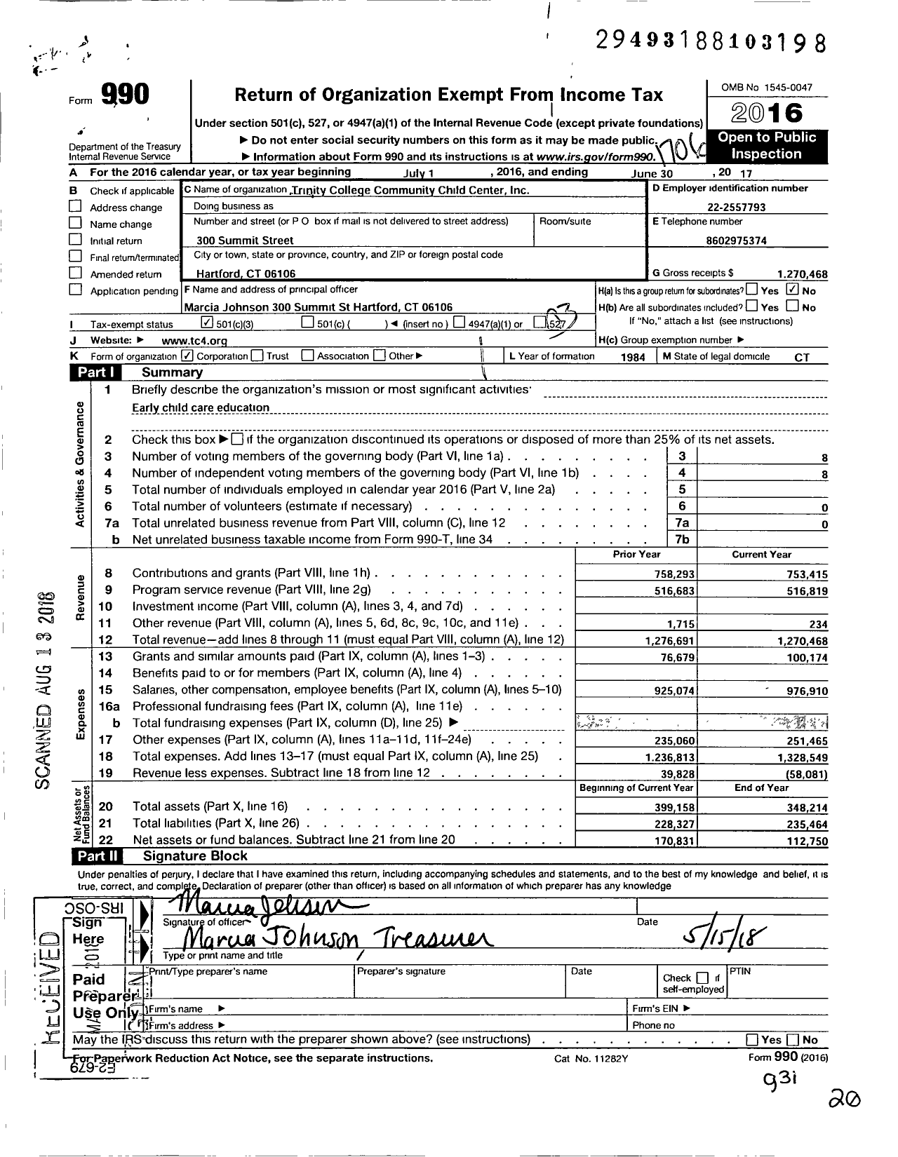 Image of first page of 2016 Form 990 for Trinity College Community Child Center