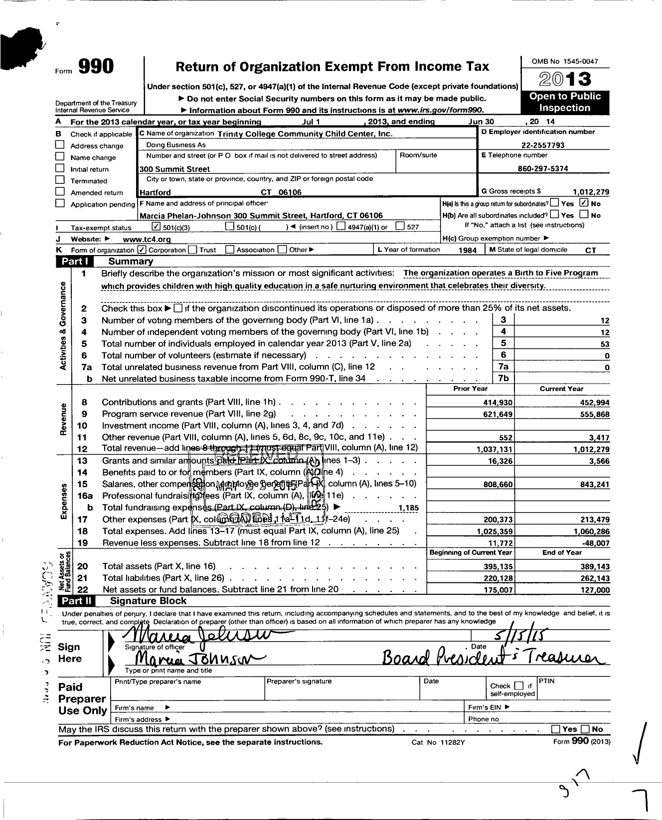 Image of first page of 2013 Form 990 for Trinity College Community Child Center