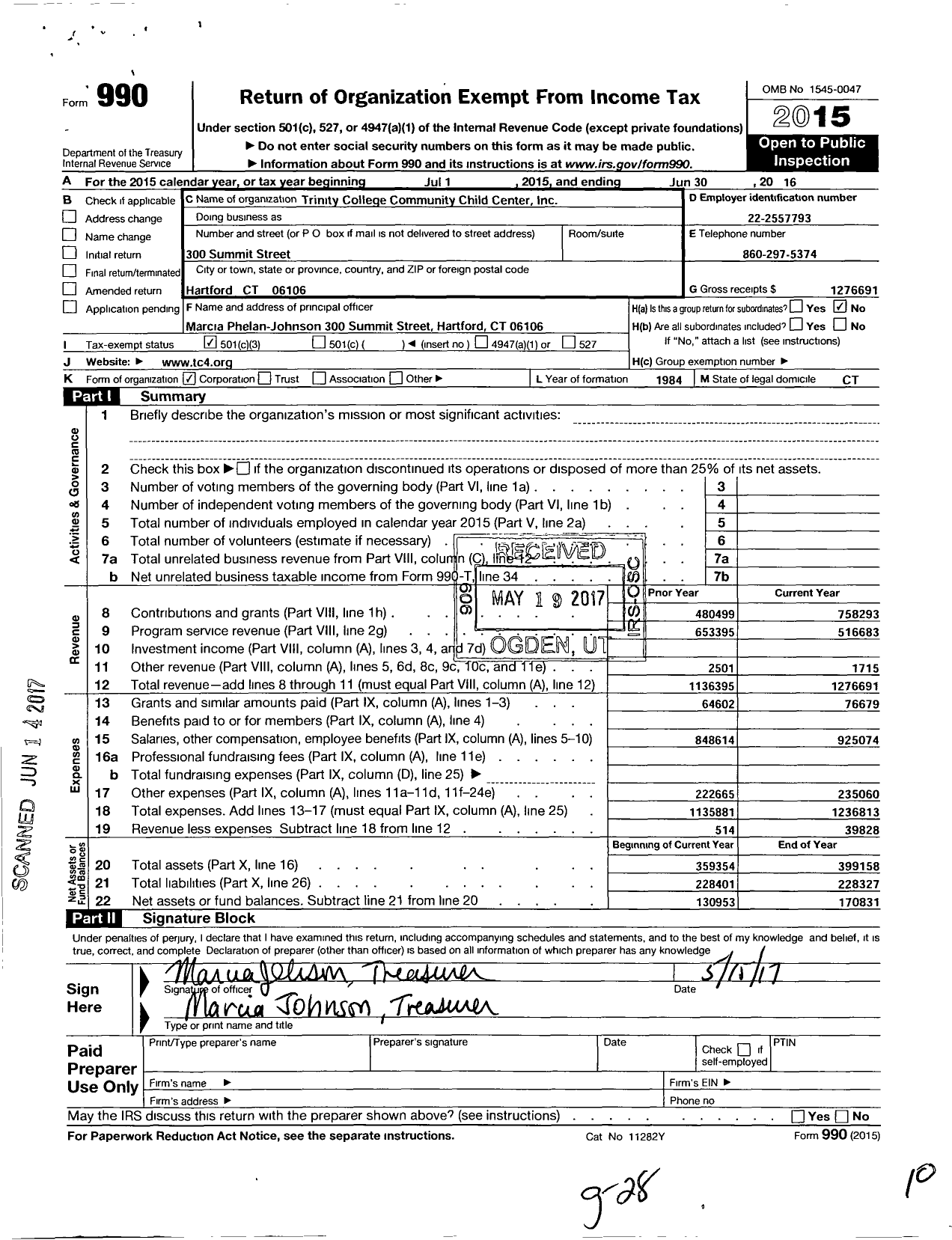 Image of first page of 2015 Form 990 for Trinity College Community Child Center