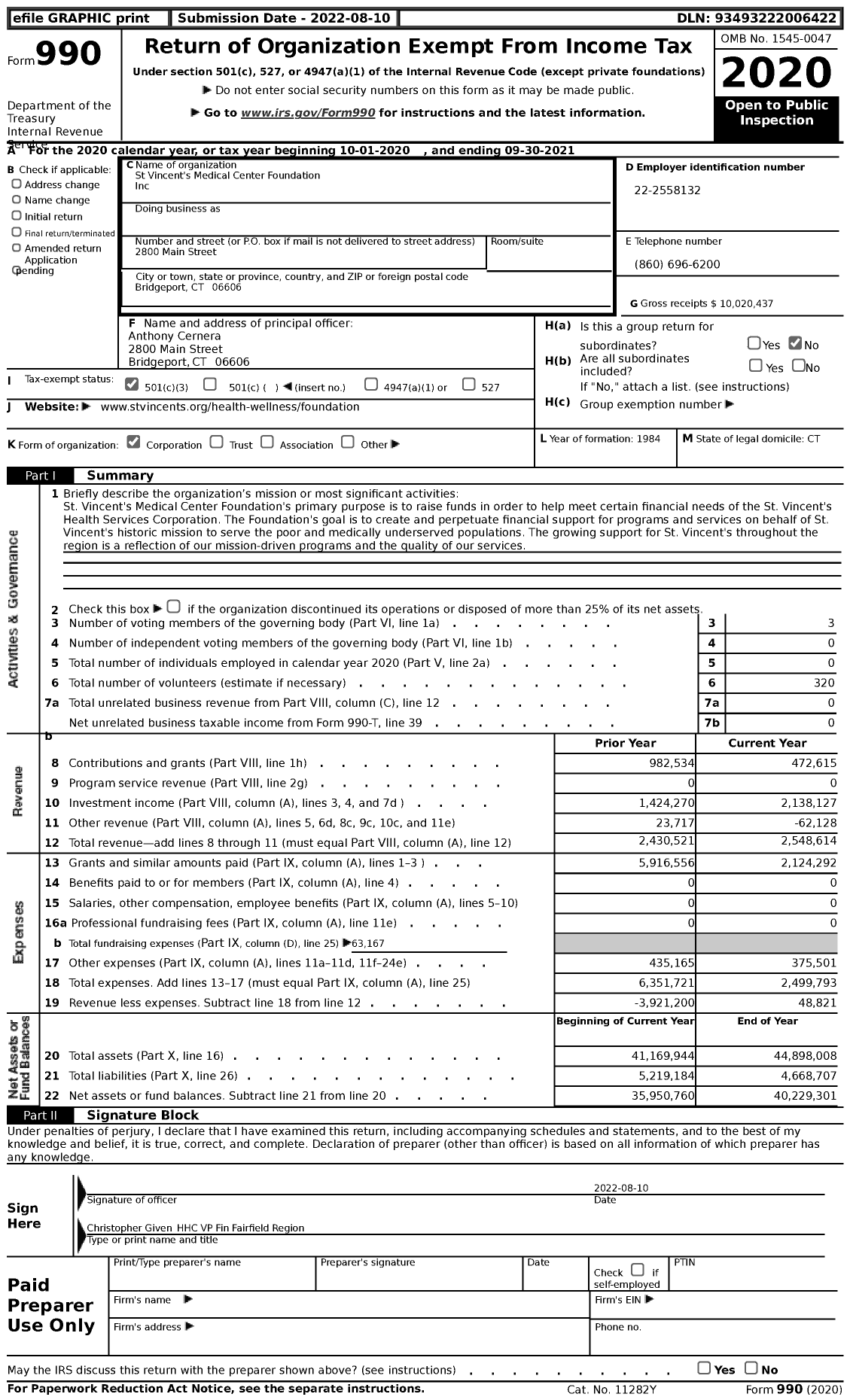 Image of first page of 2020 Form 990 for St. Vincent Medical Center Foundation