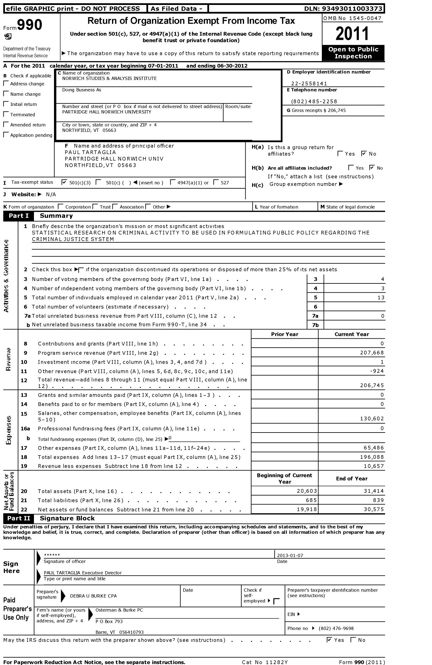 Image of first page of 2011 Form 990 for Norwich Studies and Analysis Institute