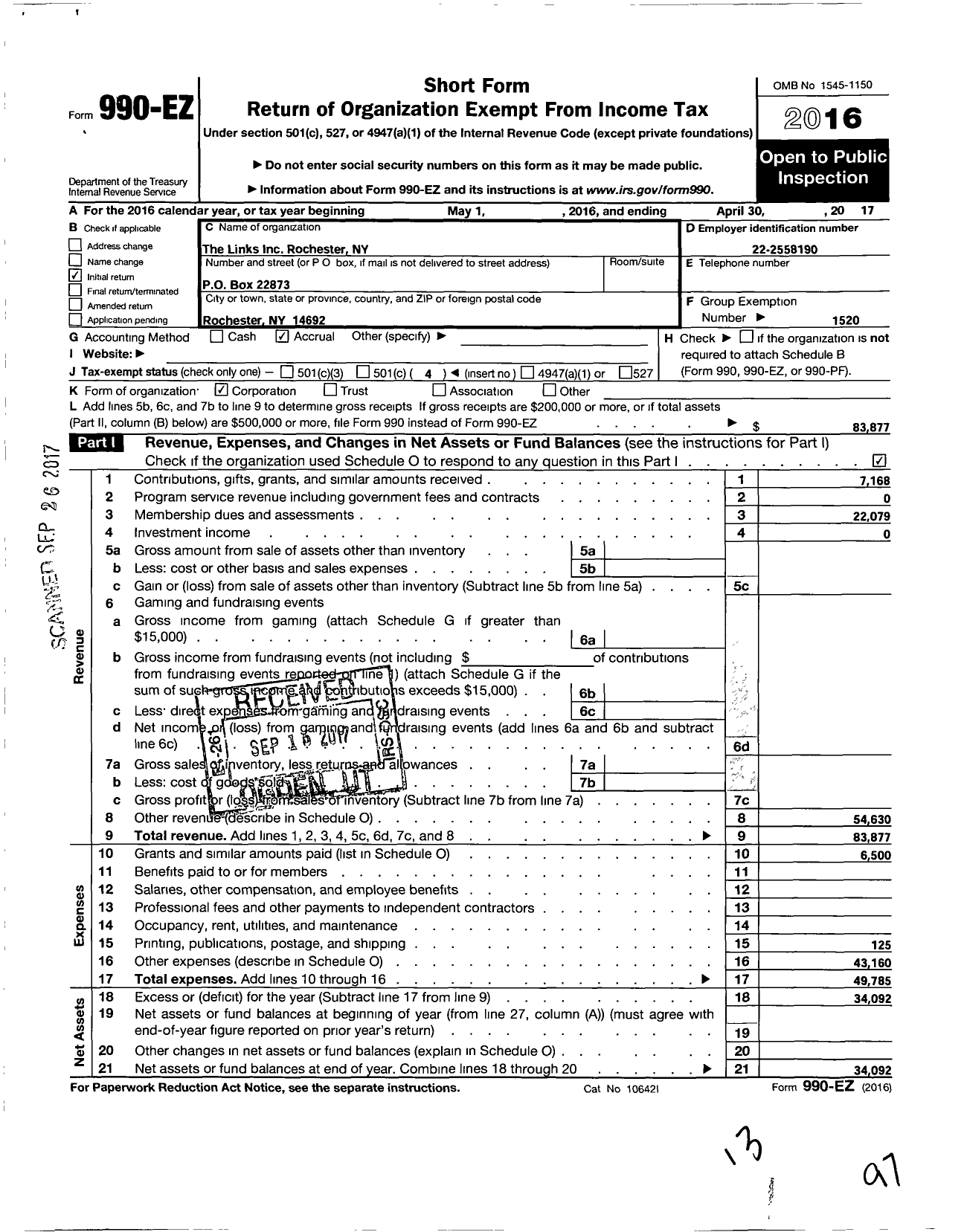 Image of first page of 2016 Form 990EO for Links / Rochester Chapter