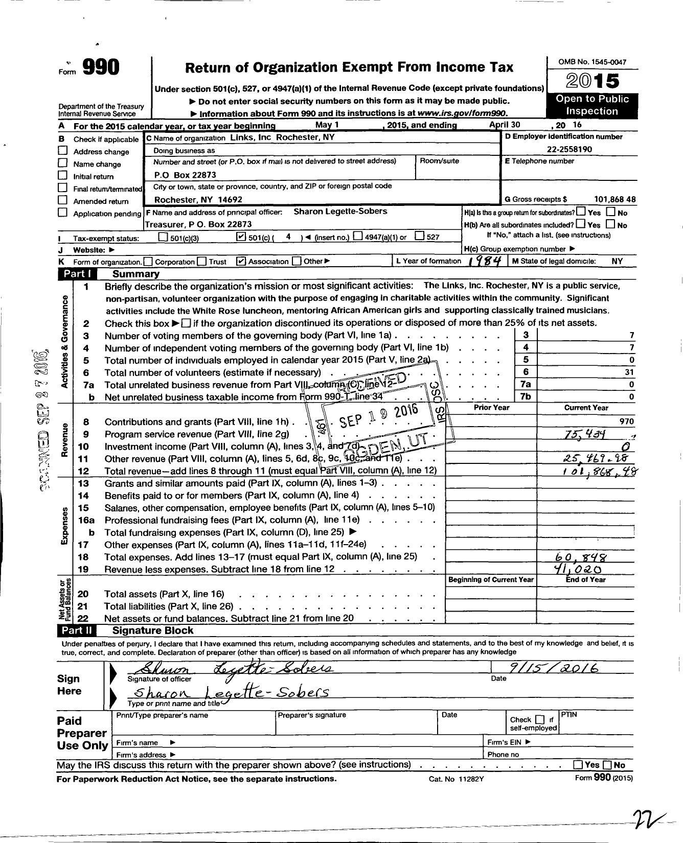 Image of first page of 2015 Form 990O for Links / Rochester Chapter