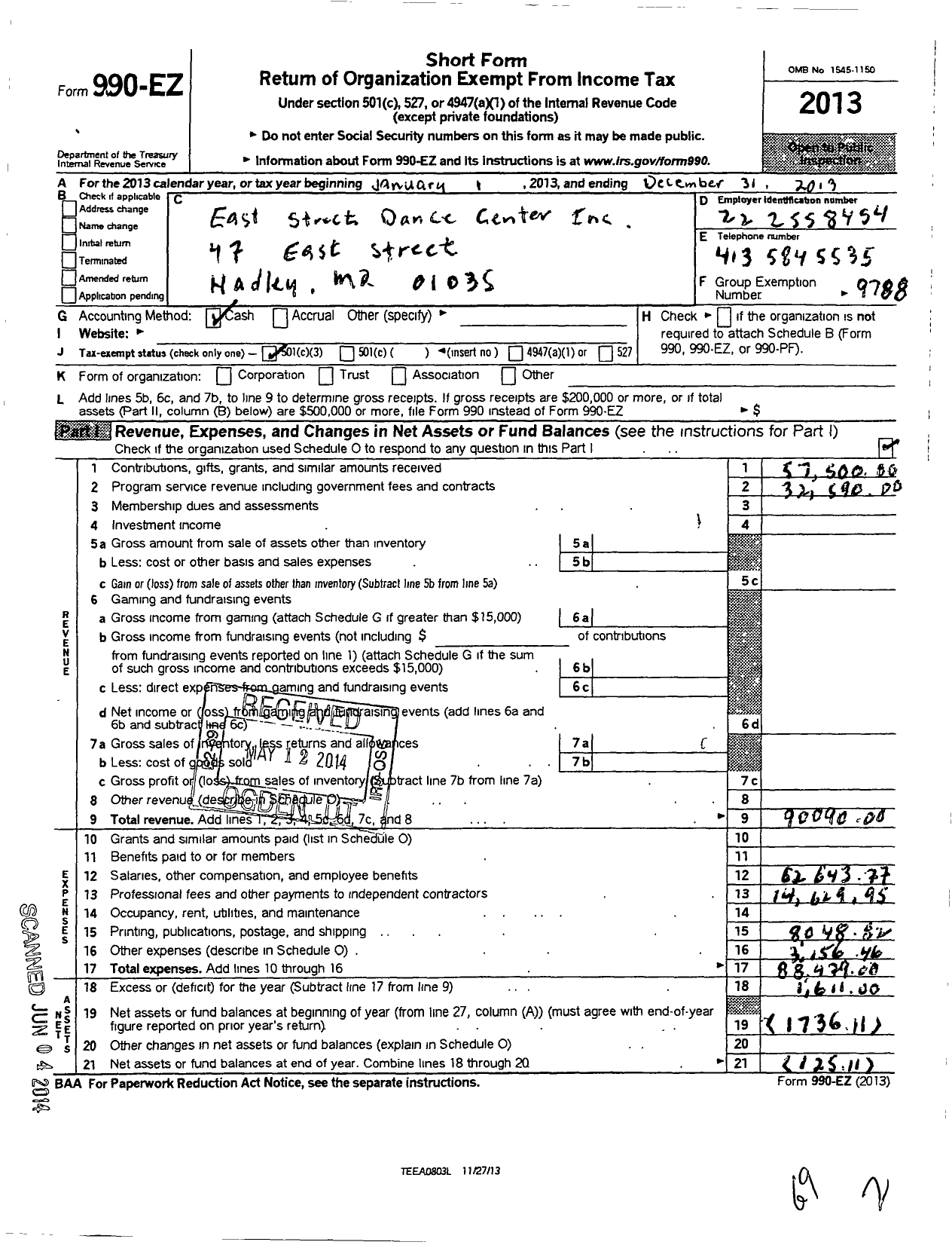 Image of first page of 2013 Form 990EZ for East Street Dance Center