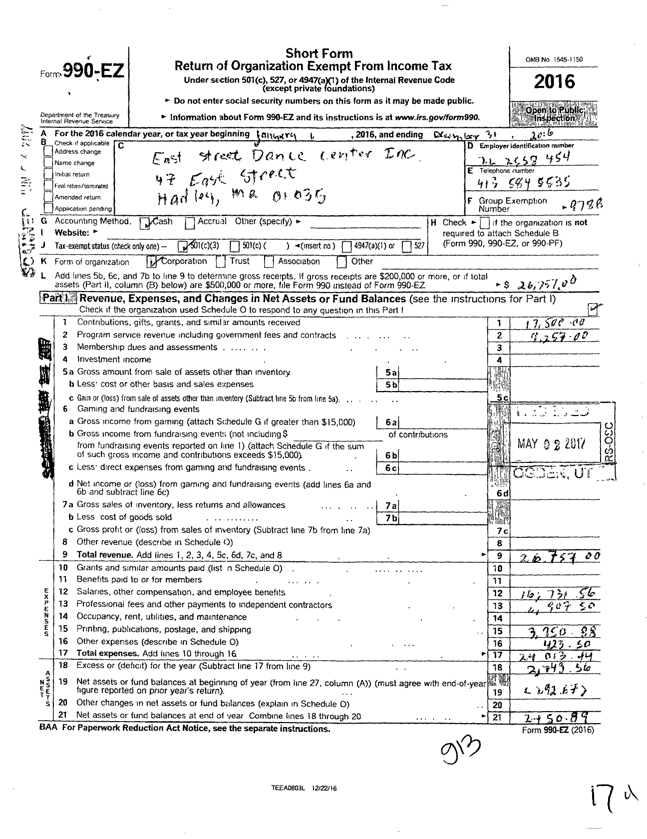 Image of first page of 2016 Form 990EZ for East Street Dance Center