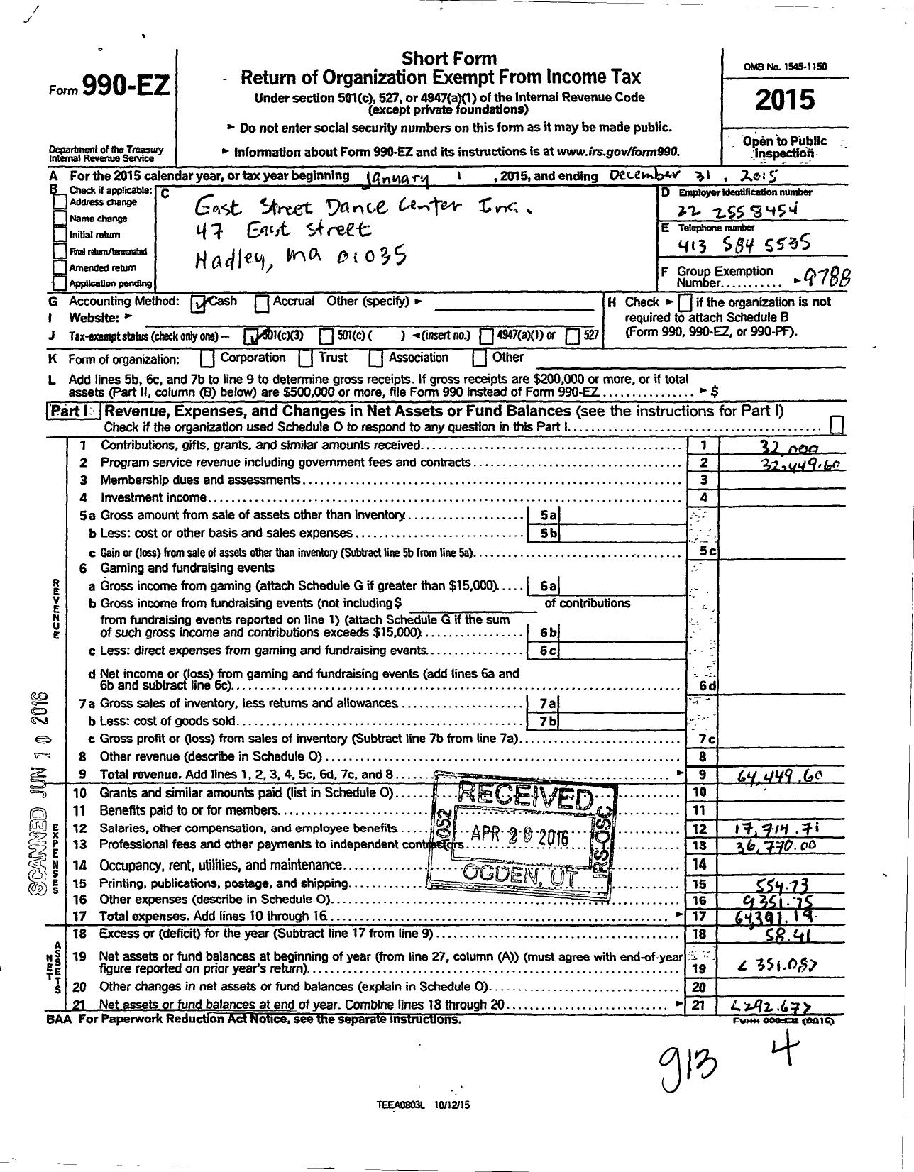 Image of first page of 2015 Form 990EZ for East Street Dance Center