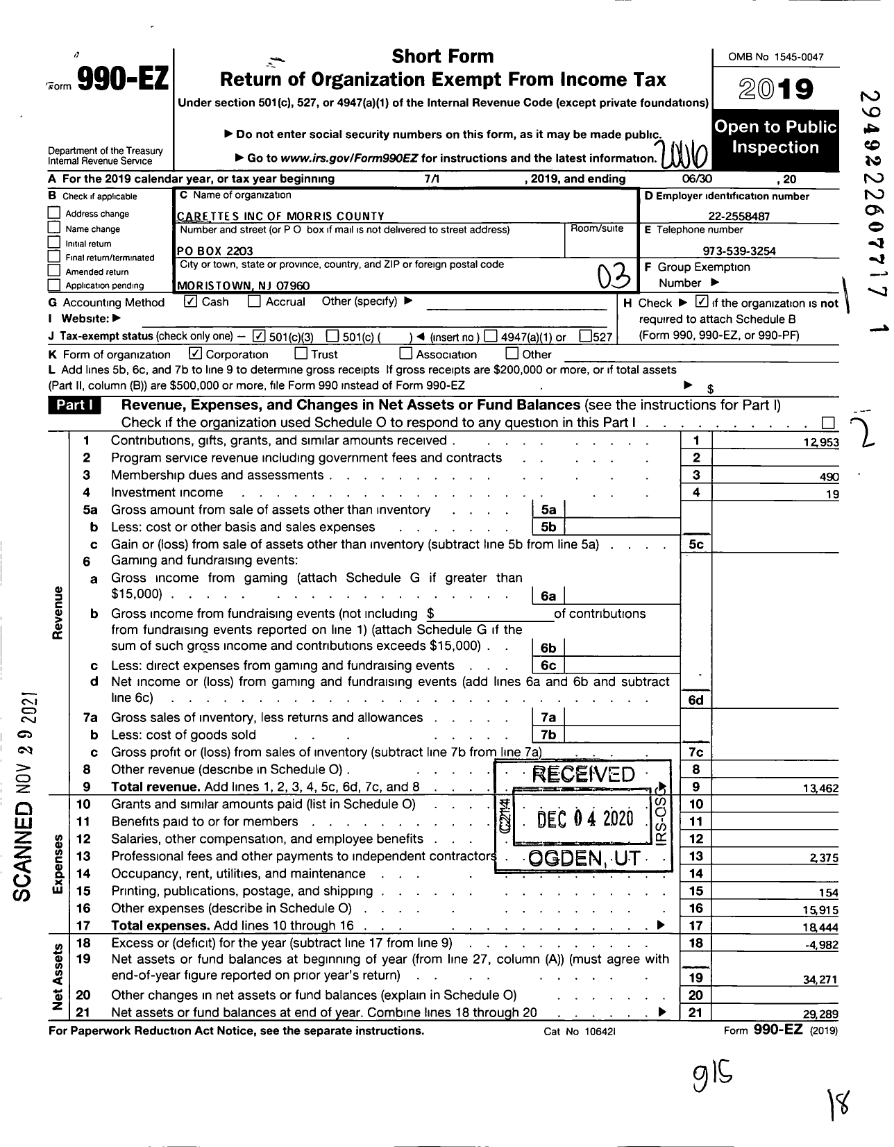 Image of first page of 2019 Form 990EZ for Carettes of Morris County