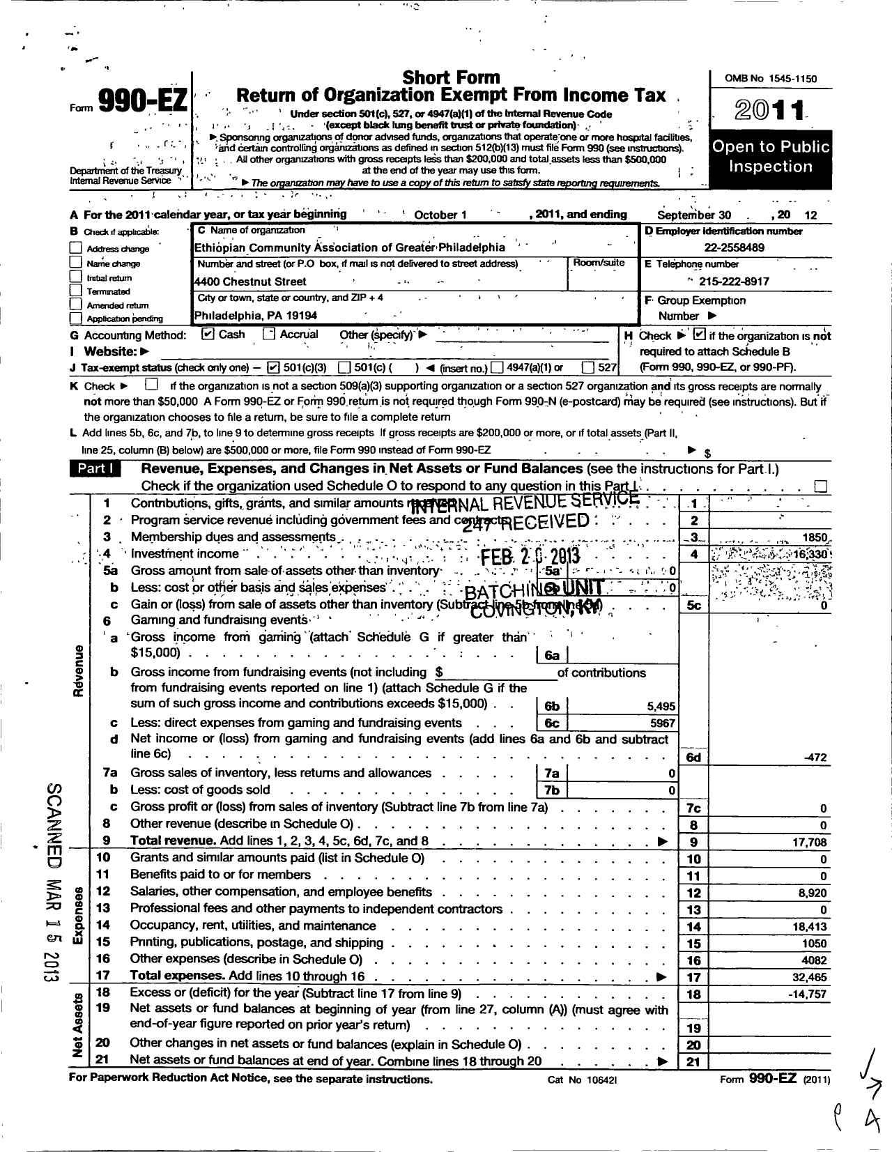 Image of first page of 2011 Form 990EZ for Ethiopian Community Association of Greater Philadelphia