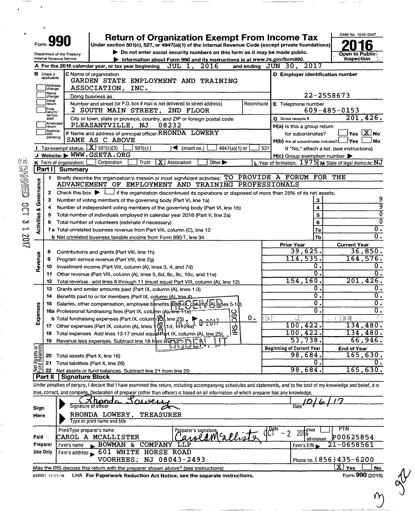 Image of first page of 2016 Form 990 for Garden State Employment and Training Association