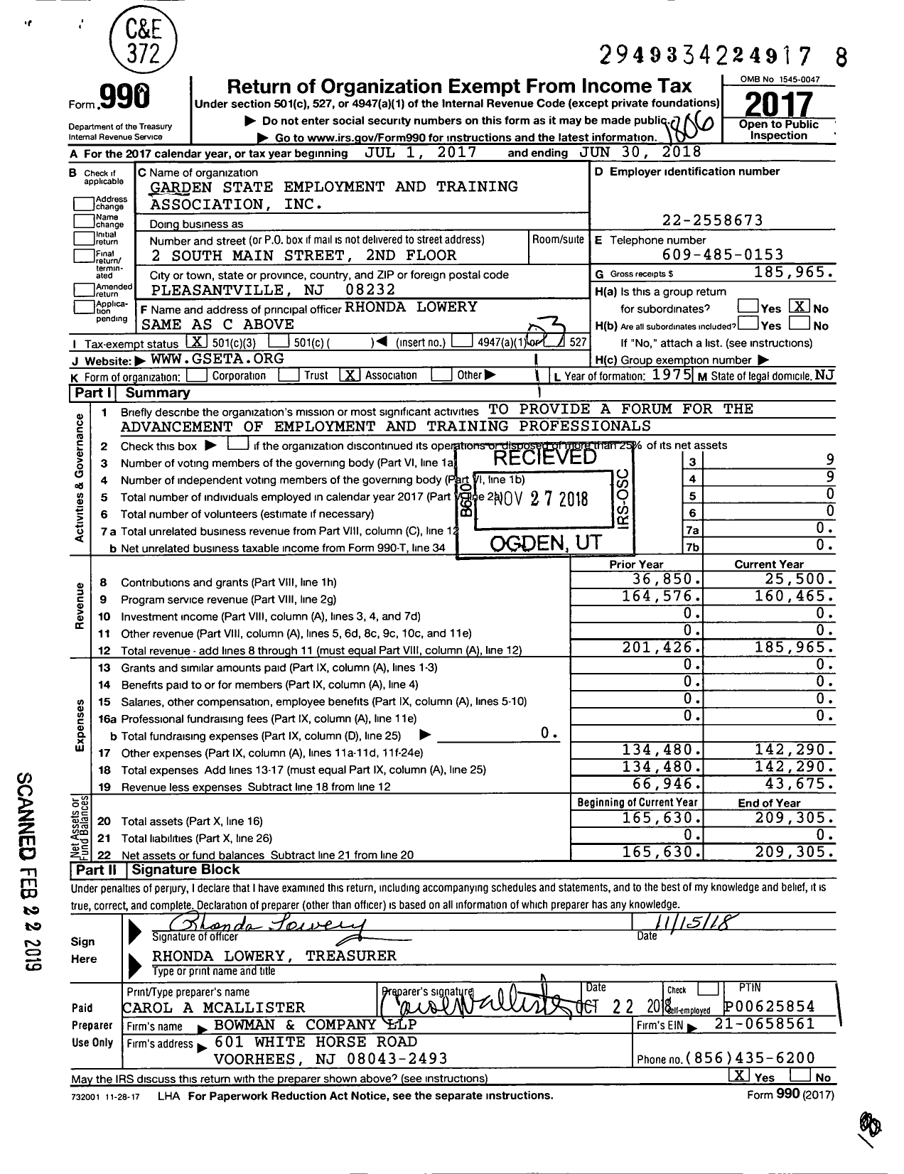 Image of first page of 2017 Form 990 for Garden State Employment and Training Association