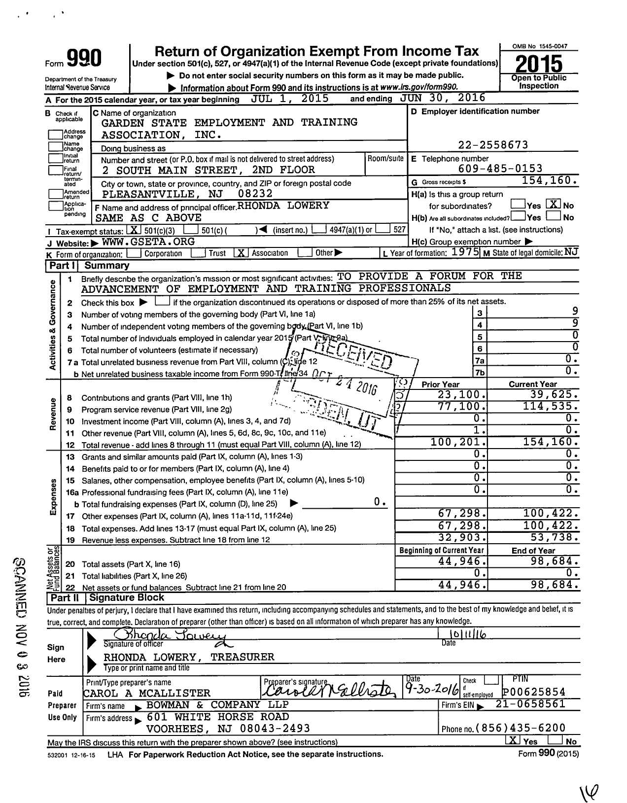 Image of first page of 2015 Form 990 for Garden State Employment and Training Association