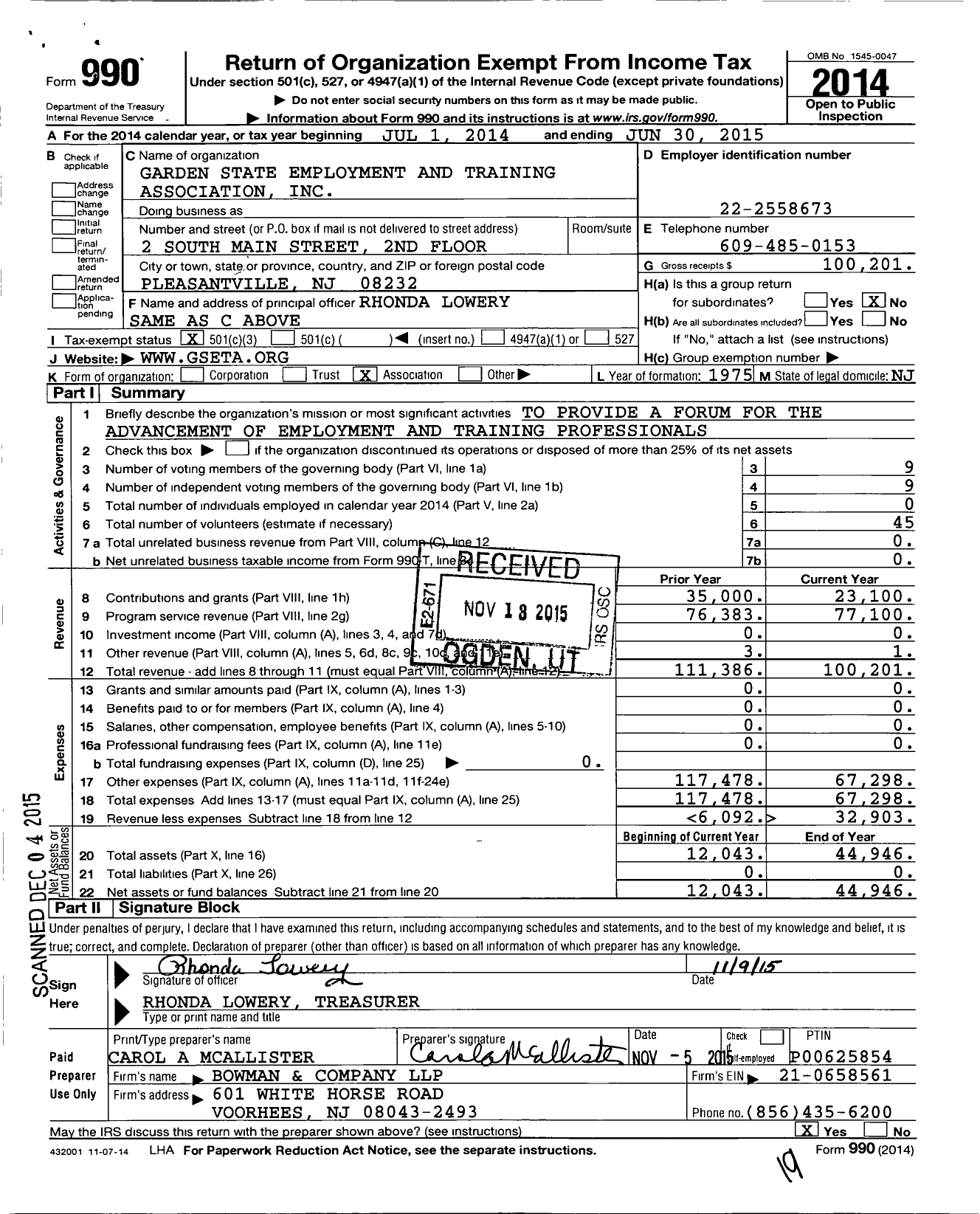 Image of first page of 2014 Form 990 for Garden State Employment and Training Association