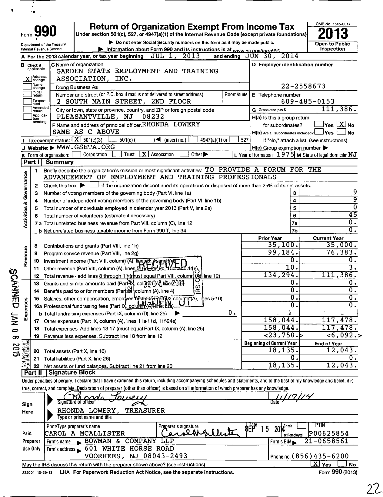 Image of first page of 2013 Form 990 for Garden State Employment and Training Association