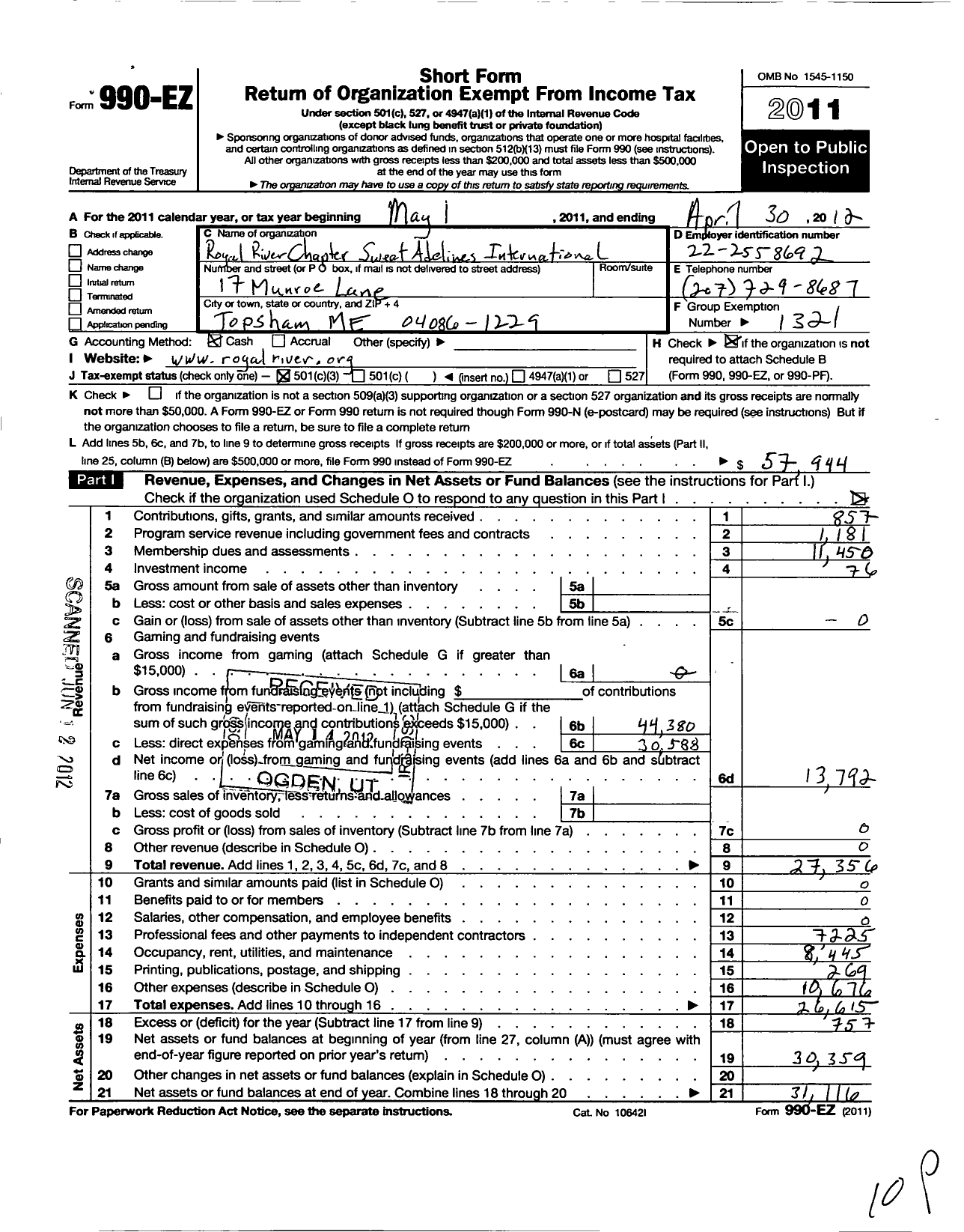 Image of first page of 2011 Form 990EZ for Sweet Adelines International - Royal River