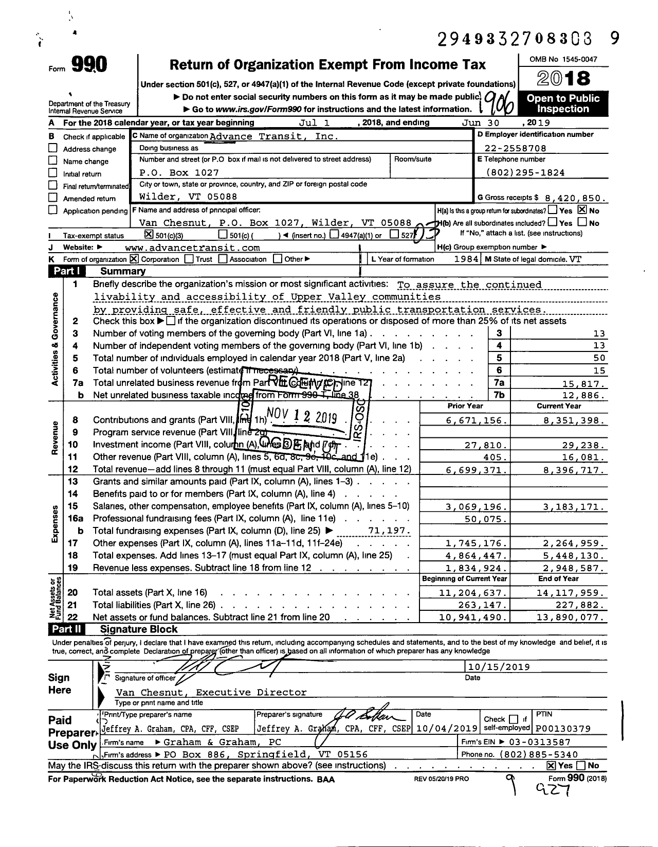Image of first page of 2018 Form 990 for Advance Transit