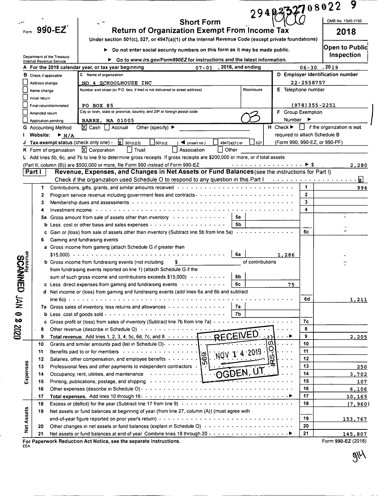 Image of first page of 2018 Form 990EZ for No 4 Schoolhouse