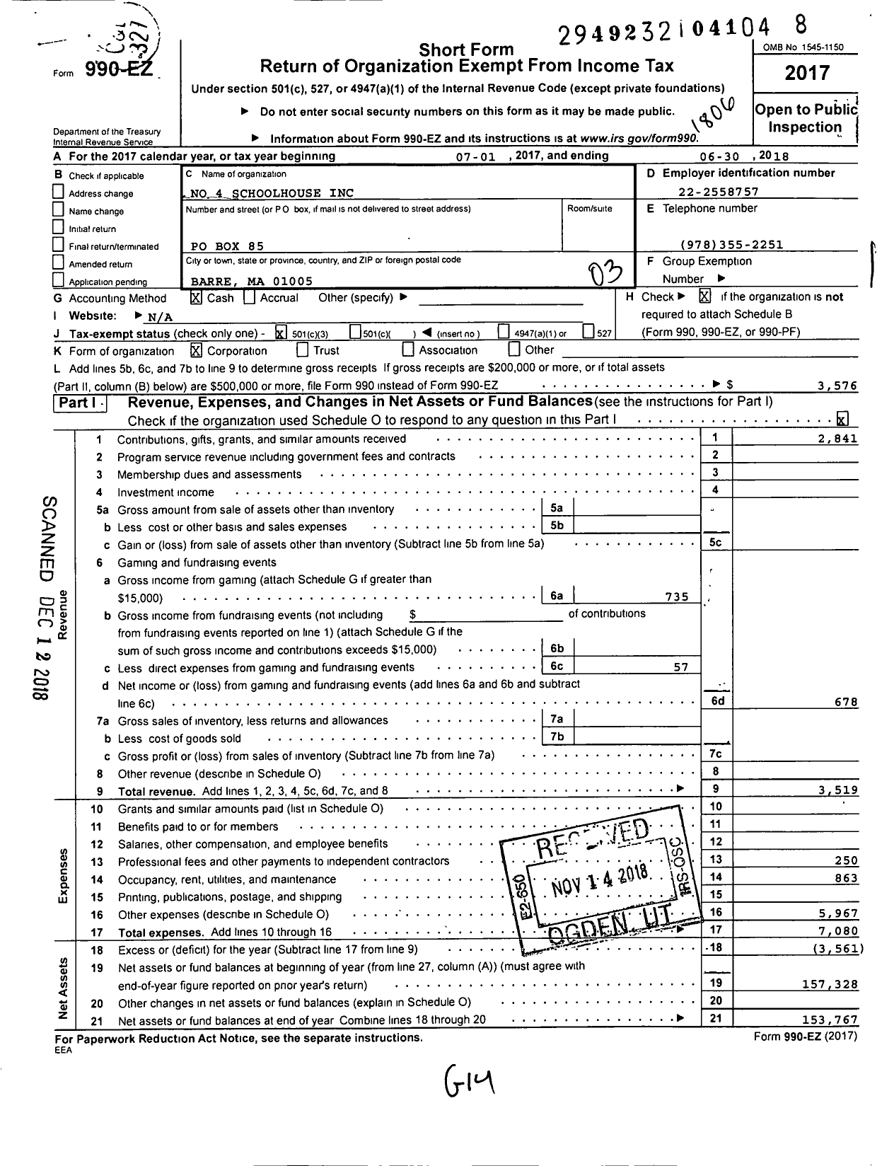 Image of first page of 2017 Form 990EZ for No 4 Schoolhouse