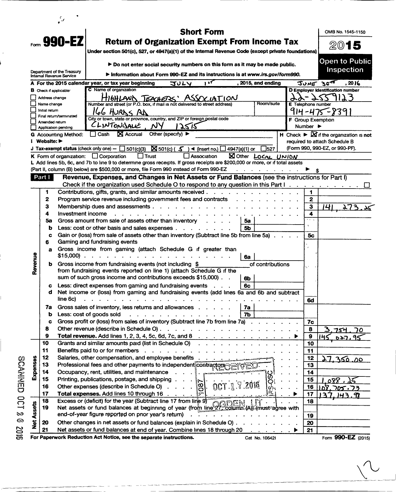 Image of first page of 2015 Form 990EO for American Federation of Teachers - 2726 Highland Teachers Association