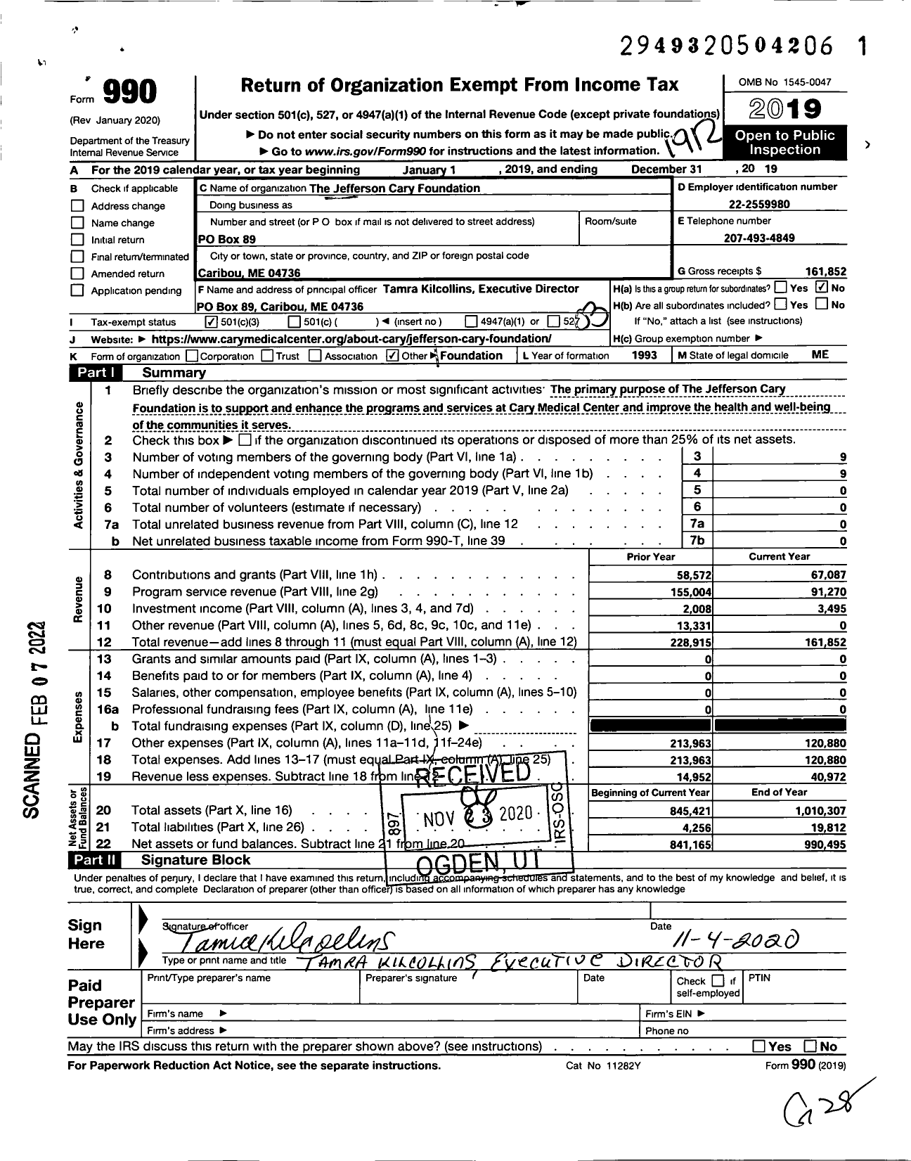 Image of first page of 2019 Form 990 for The Jefferson Cary Foundation