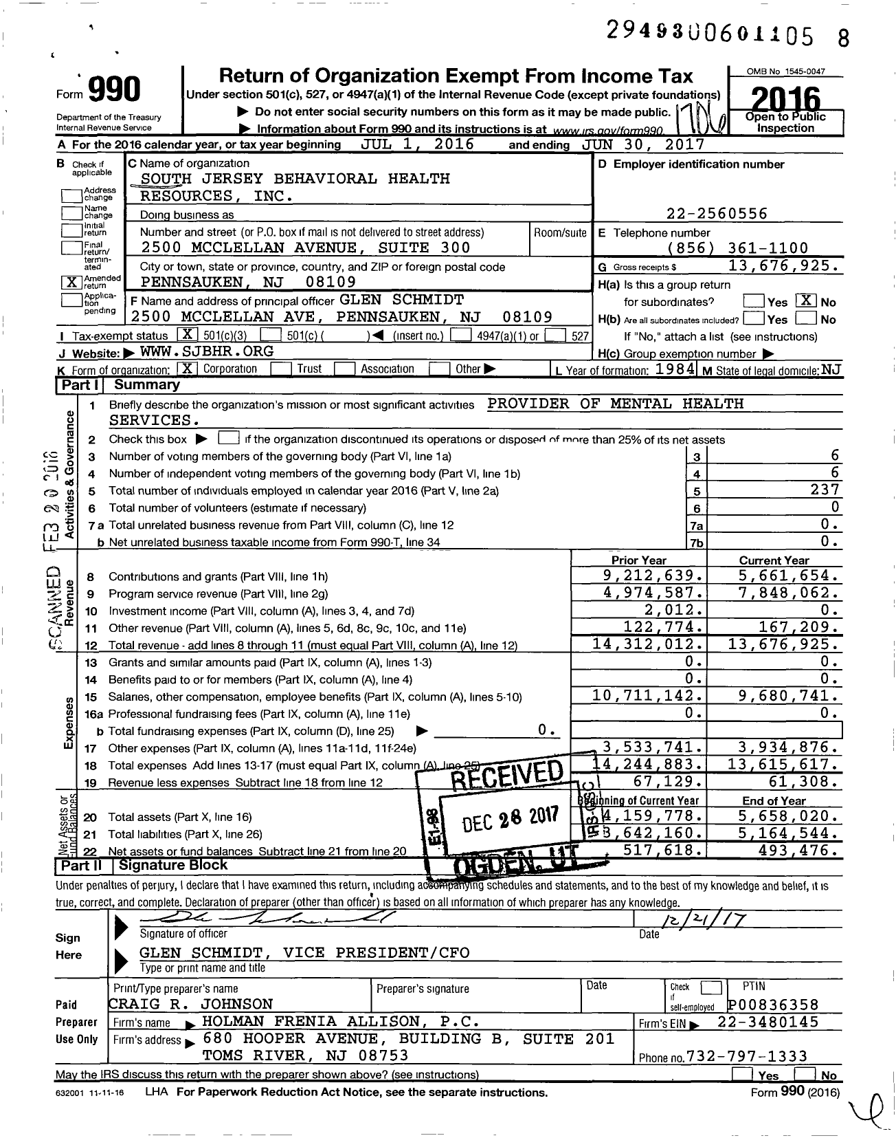 Image of first page of 2016 Form 990 for South Jersey Behavioral Health Resources (SJBHR)