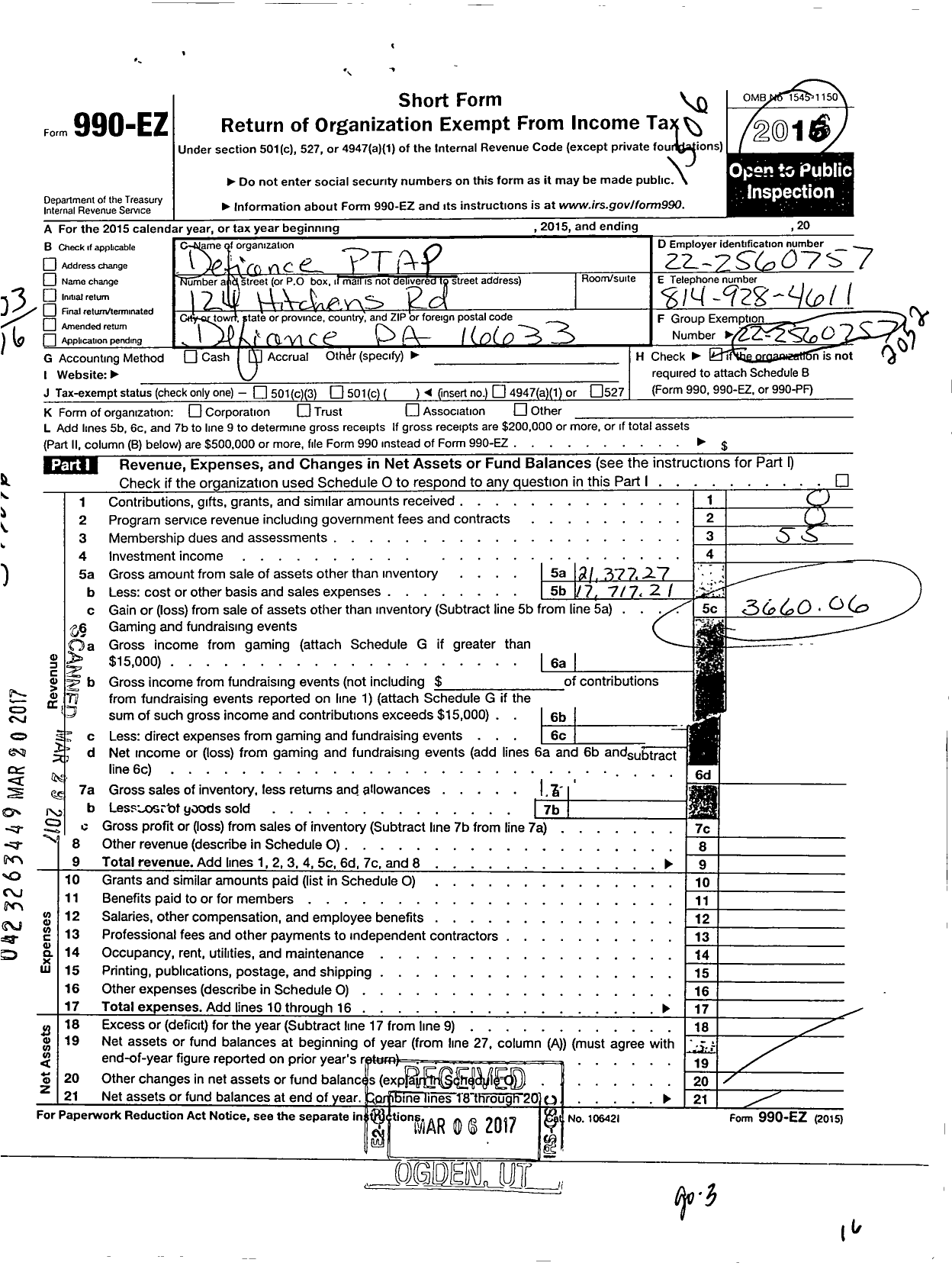 Image of first page of 2014 Form 990EO for PTA Pa Congress Defiance Elem PTA