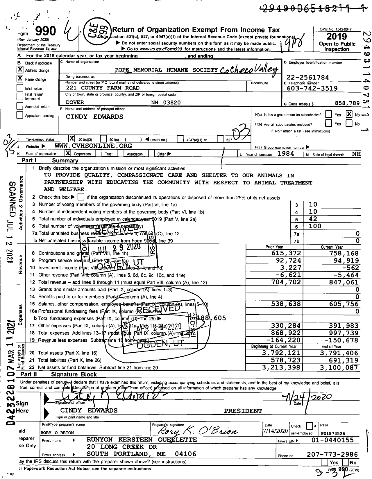 Image of first page of 2019 Form 990 for Pope Memorial Humane Society