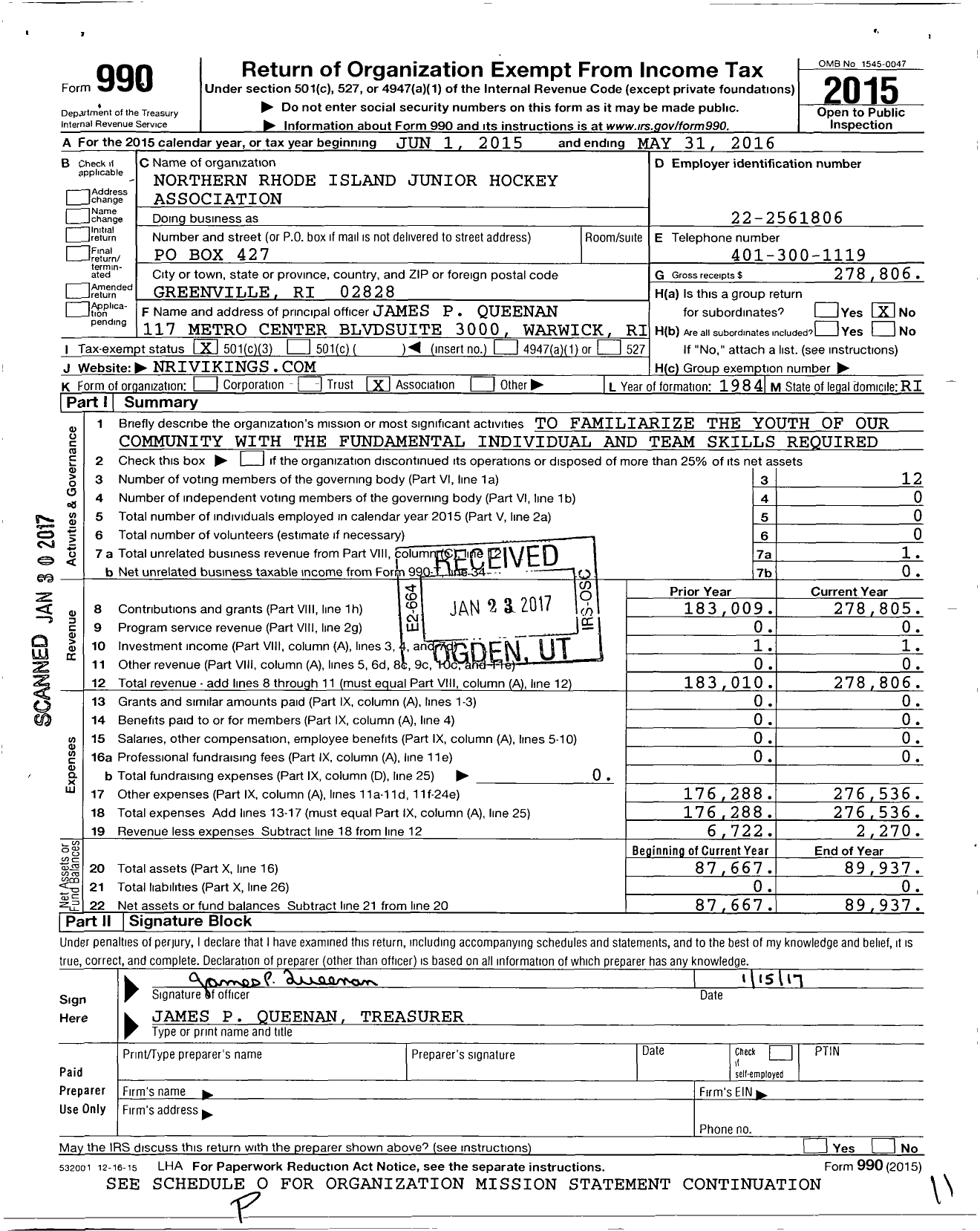 Image of first page of 2015 Form 990 for Northern Rhode Island Junior Hockey Association