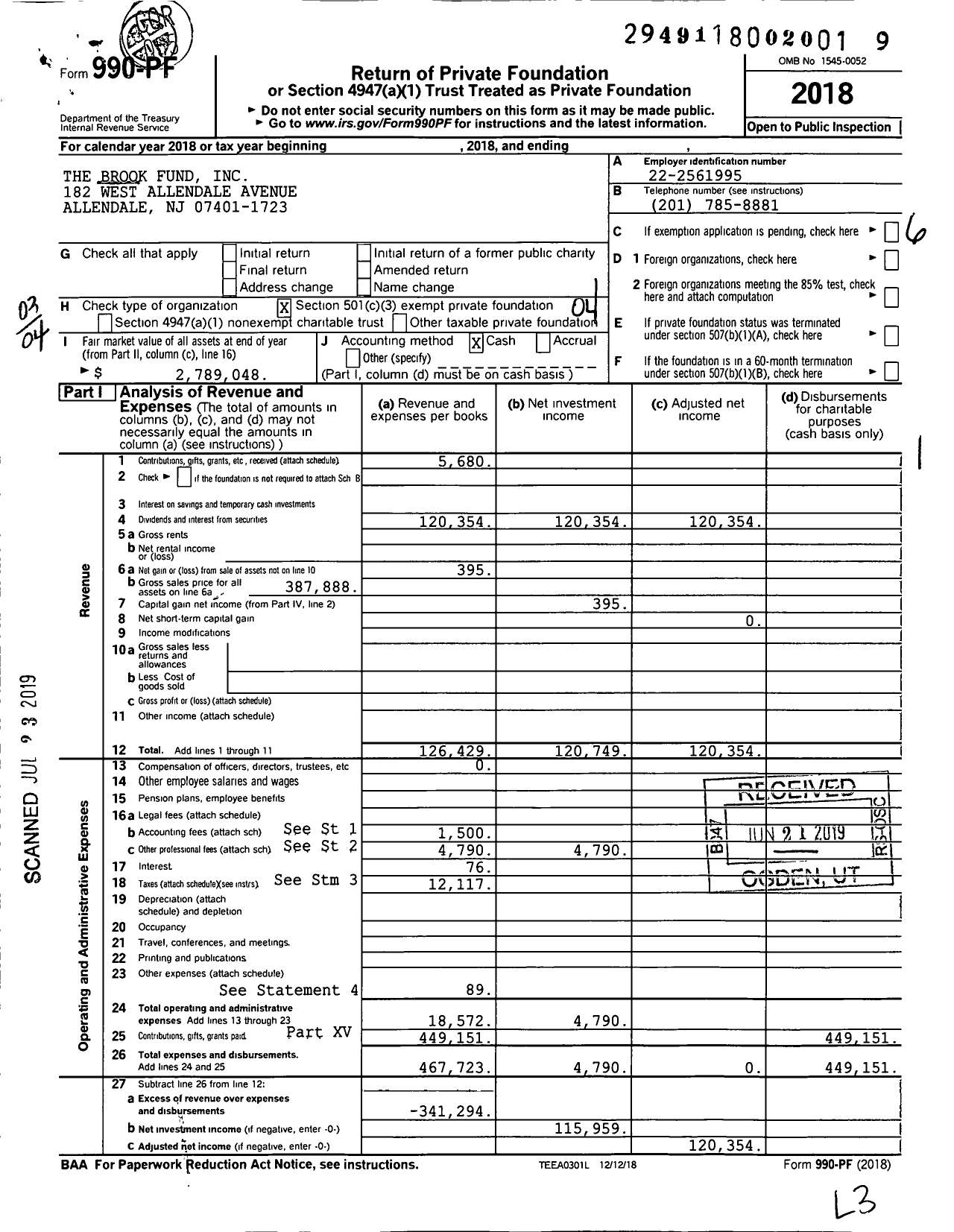 Image of first page of 2018 Form 990PF for The Brook Fund