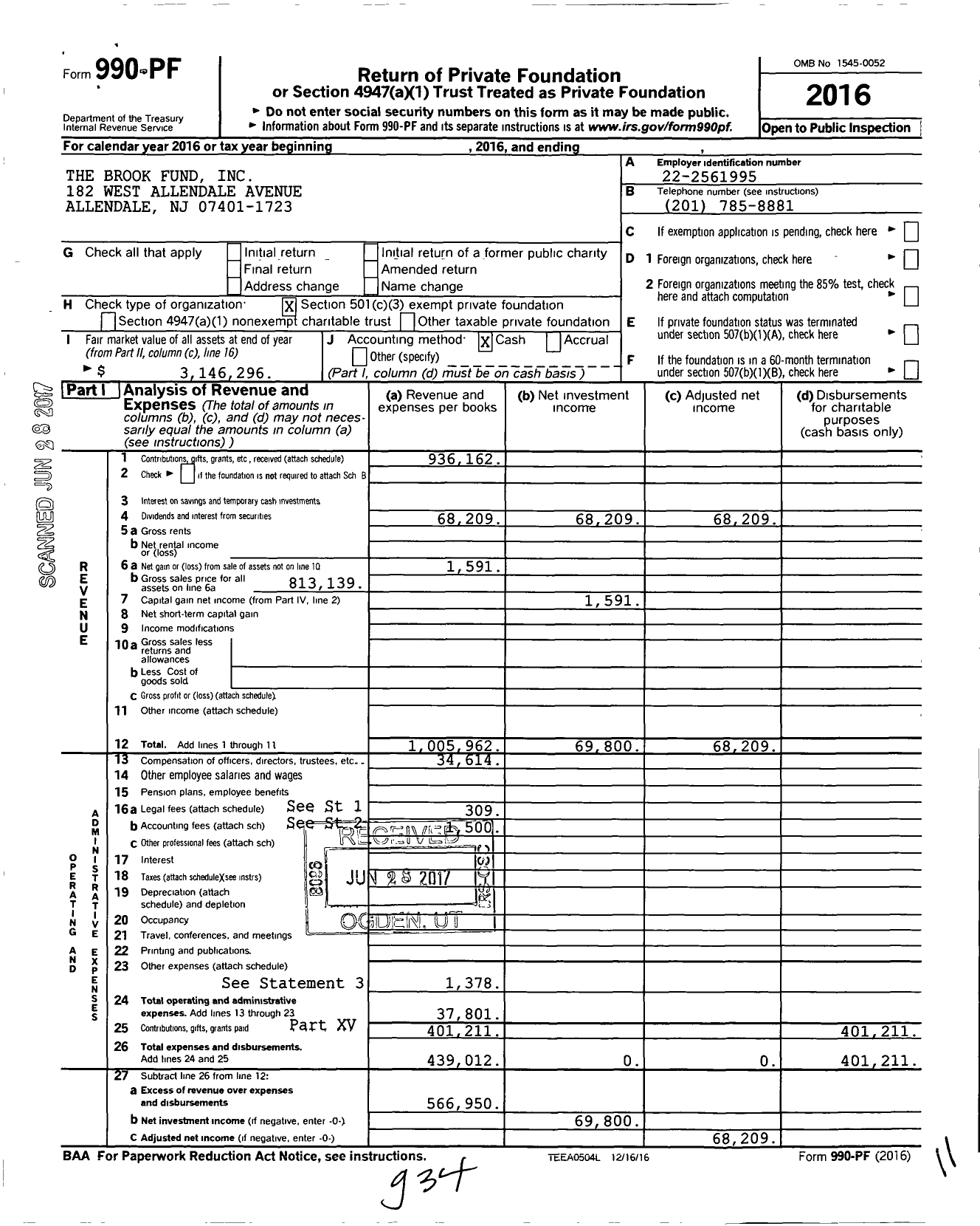 Image of first page of 2016 Form 990PF for The Brook Fund