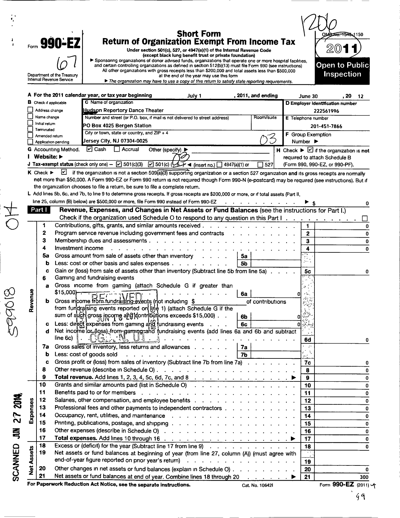 Image of first page of 2011 Form 990EZ for Hudson Repertory Dance Theater
