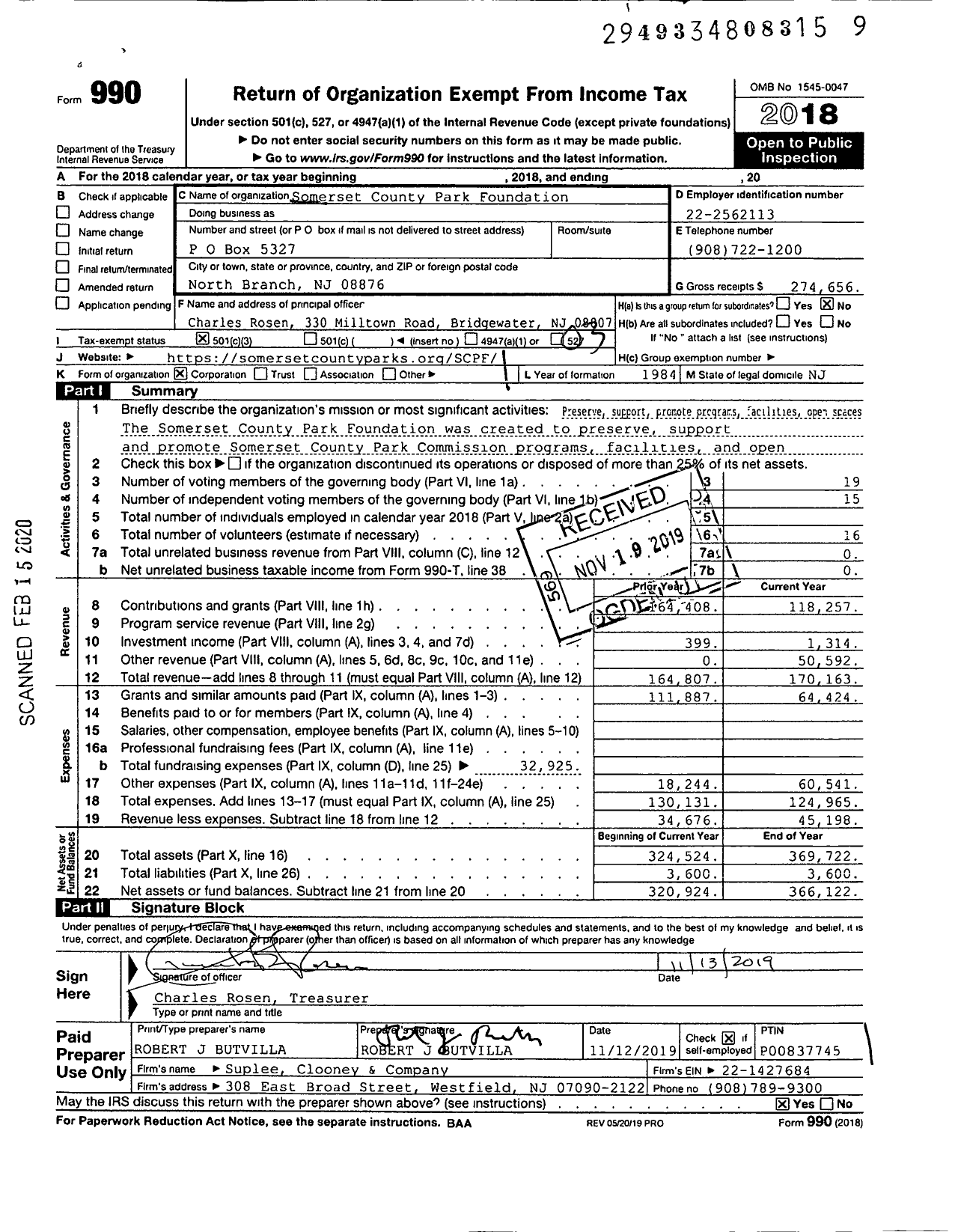 Image of first page of 2018 Form 990 for Somerset County Park Foundation