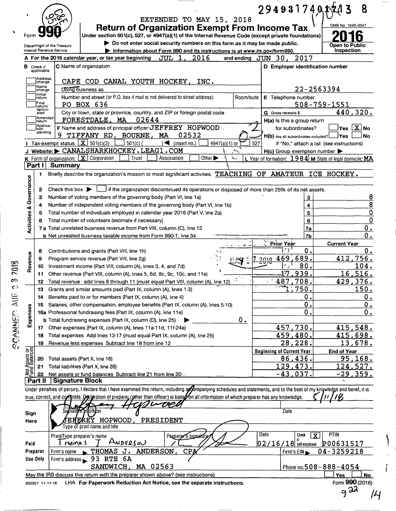 Image of first page of 2016 Form 990 for Cape Cod Canal Youth Hockey