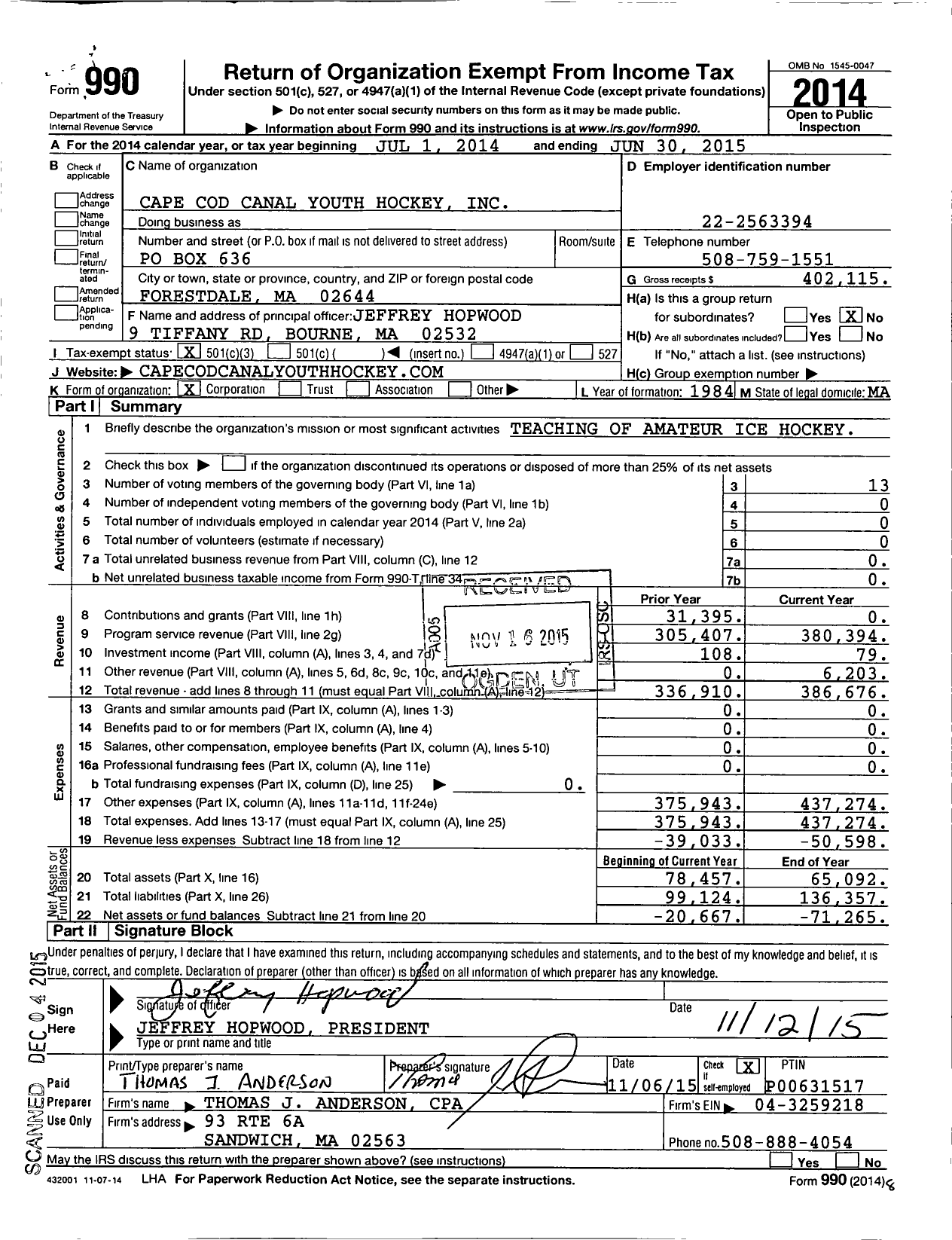 Image of first page of 2014 Form 990 for Cape Cod Canal Youth Hockey