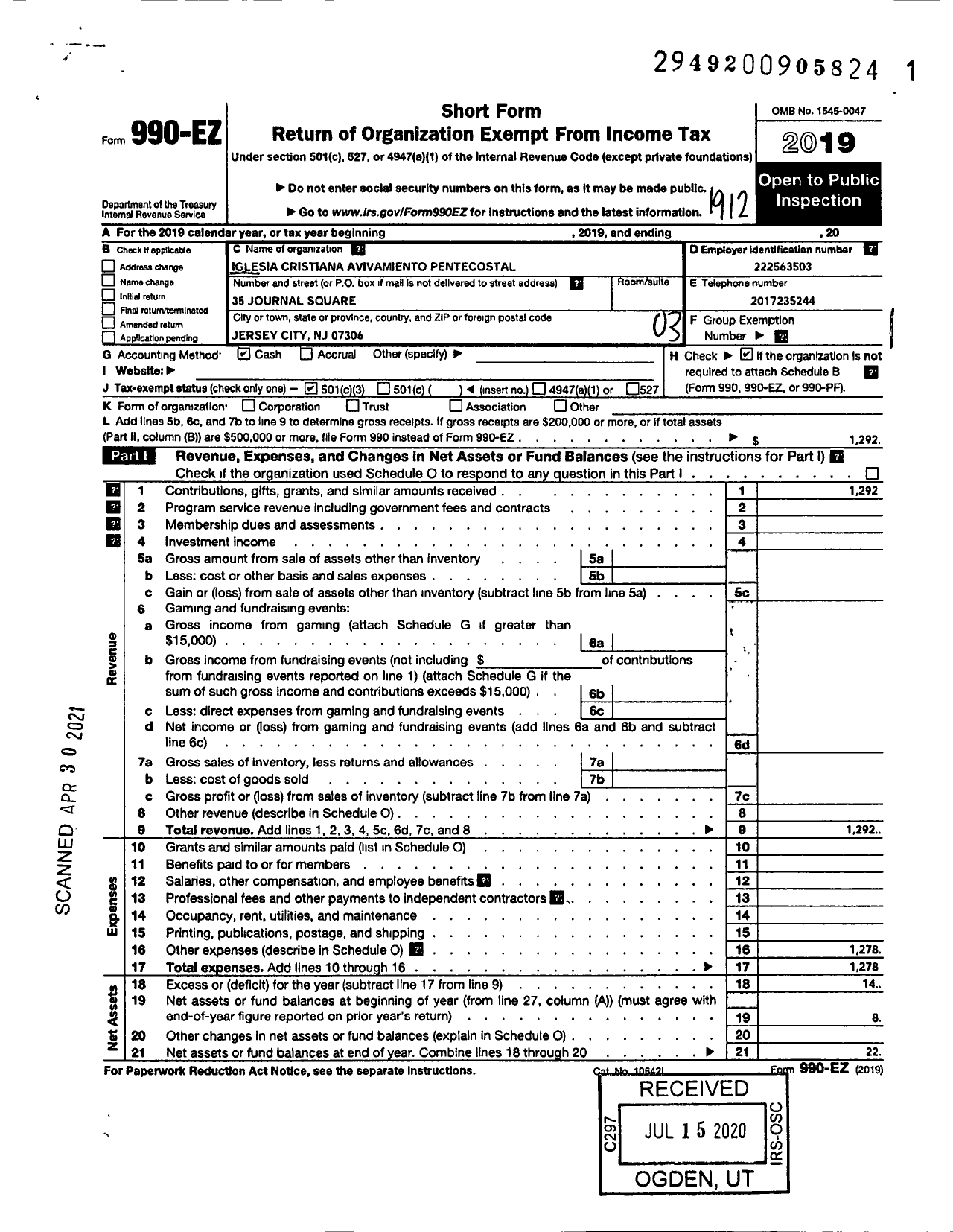 Image of first page of 2019 Form 990EZ for Iglesia Christiana Avivamiento Pent Pentecostal