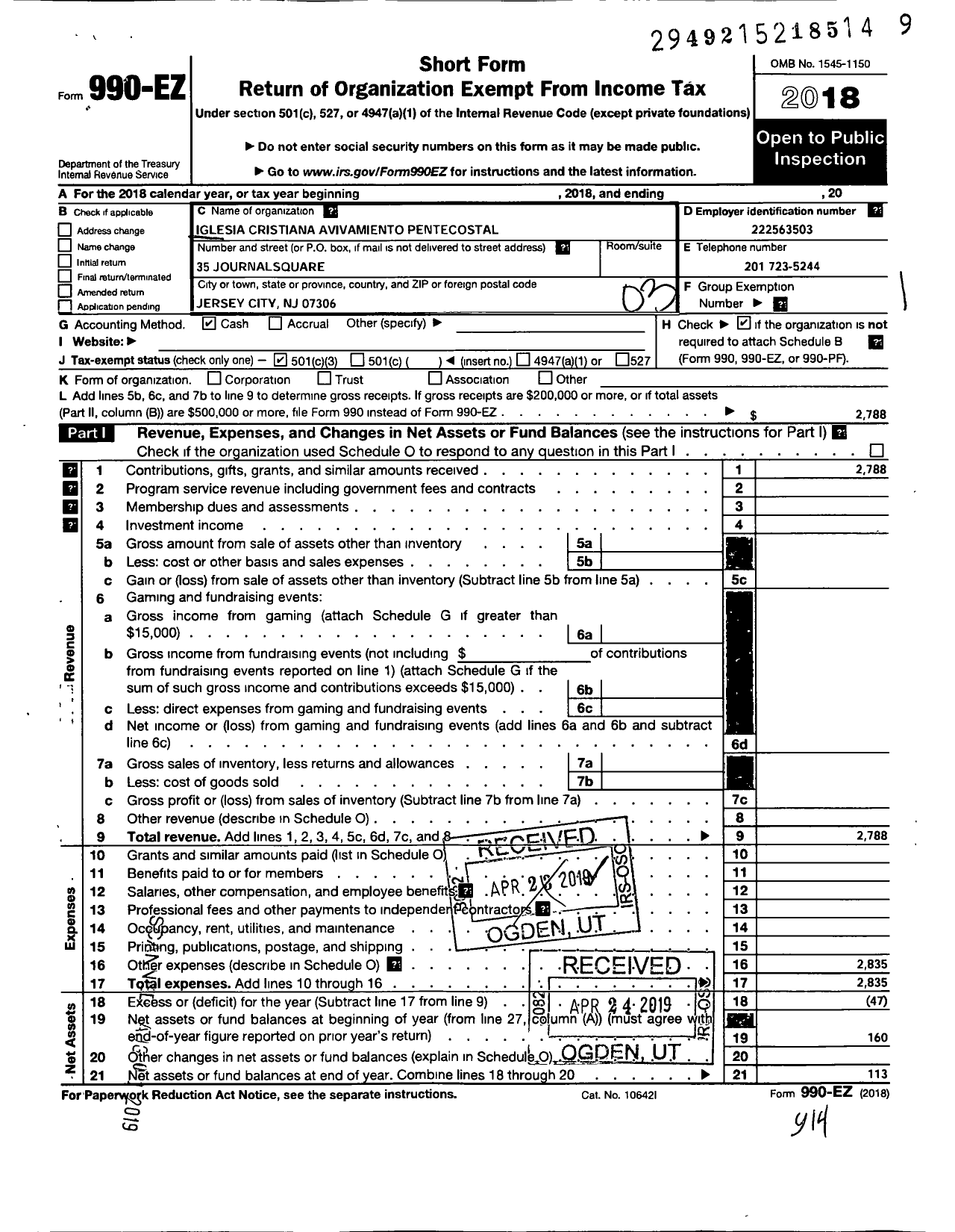 Image of first page of 2018 Form 990EZ for Iglesia Christiana Avivamiento Pent Pentecostal