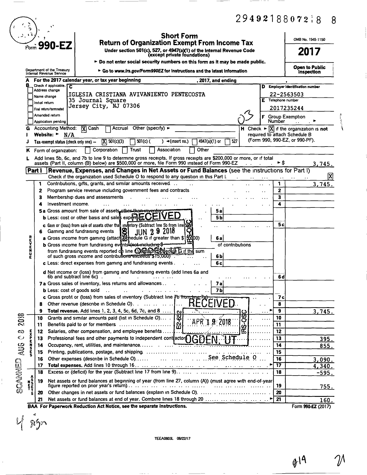 Image of first page of 2017 Form 990EZ for Iglesia Christiana Avivamiento Pent Pentecostal