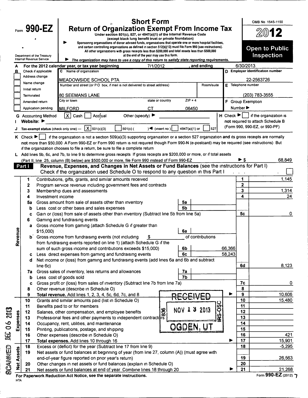 Image of first page of 2012 Form 990EZ for CT PTA - Meadowside School PTA