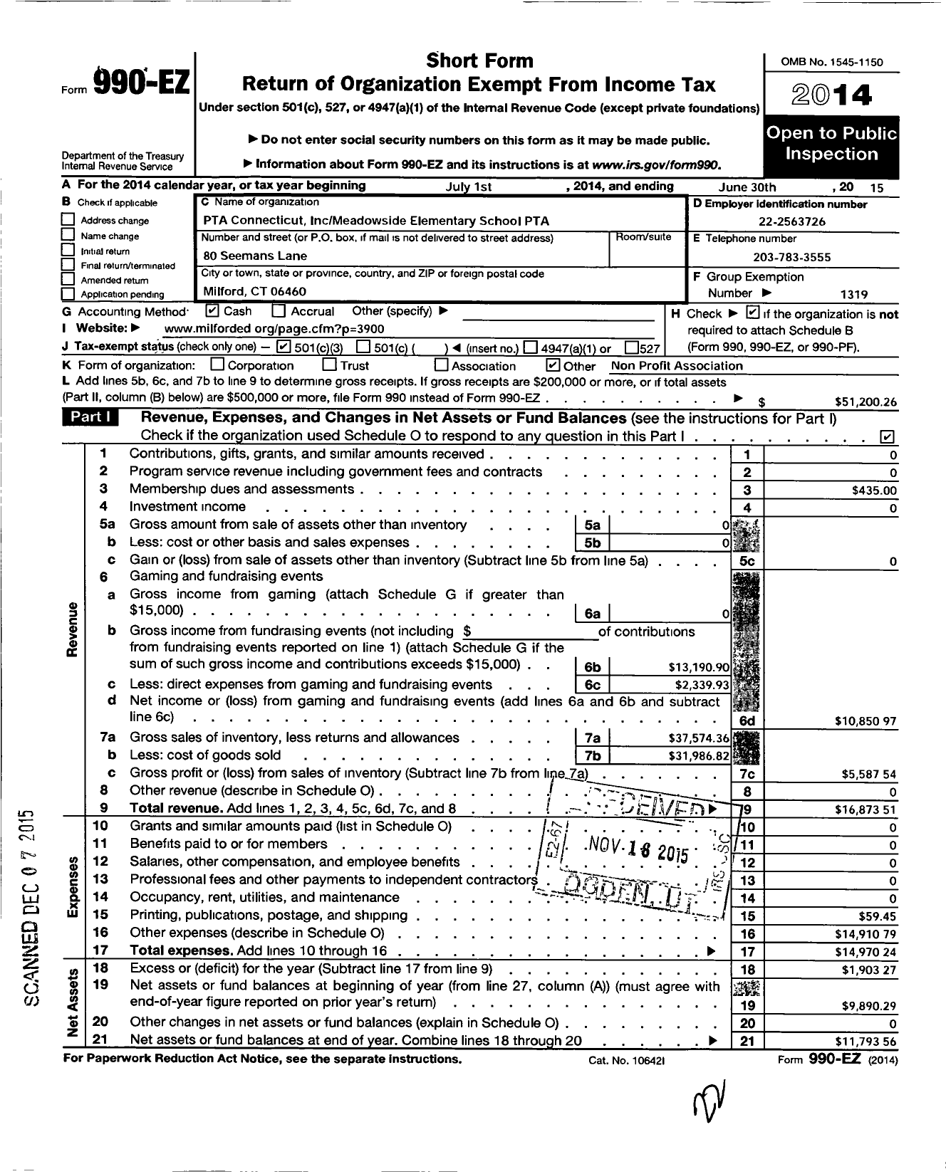 Image of first page of 2014 Form 990EZ for CT PTA - Meadowside School PTA