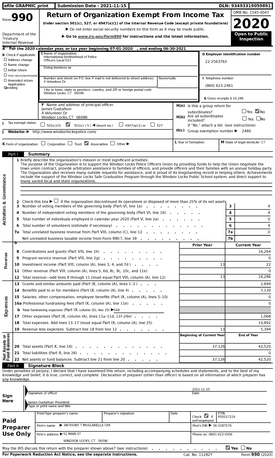 Image of first page of 2020 Form 990 for International Brotherhood of Police Officers Local 523