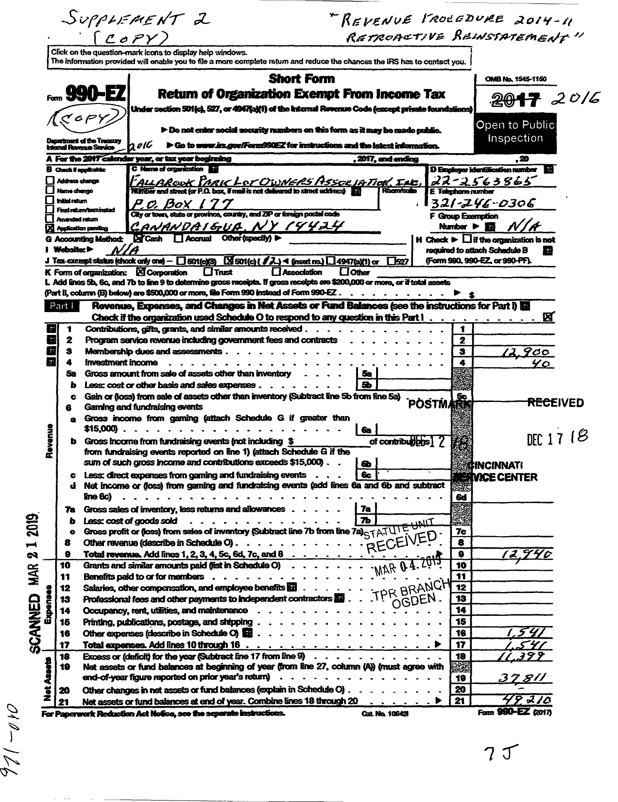 Image of first page of 2016 Form 990EOA for Fall Brook Park Lot Owners Association